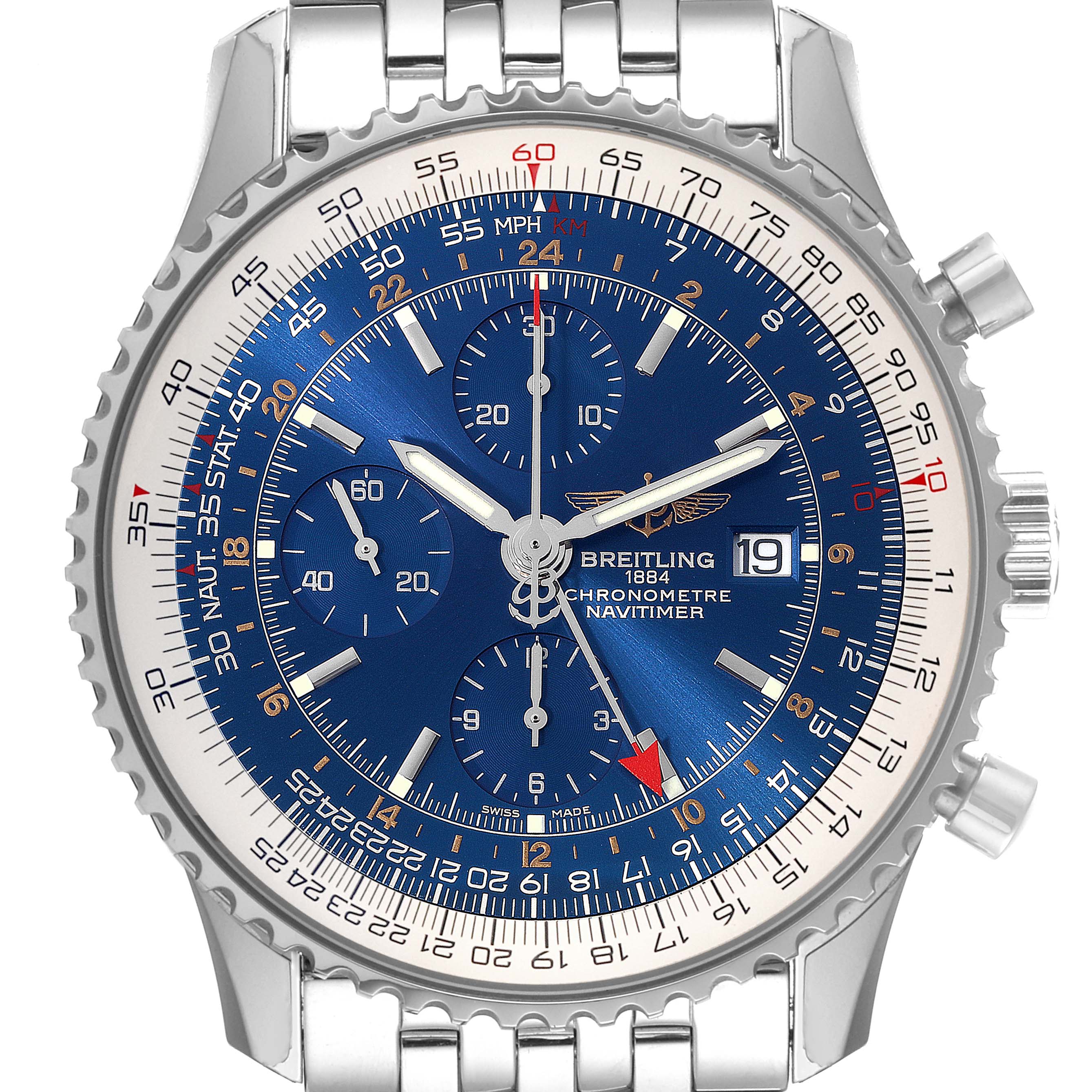 The image shows a close-up, front-facing view of a Breitling Navitimer A2432212/C651 Men's Stainless Steel Blue Dial A2432212/C651 Men's Stainless Steel Blue Dial watch, highlighting its blue dial, subdials, and stainless steel bracelet.