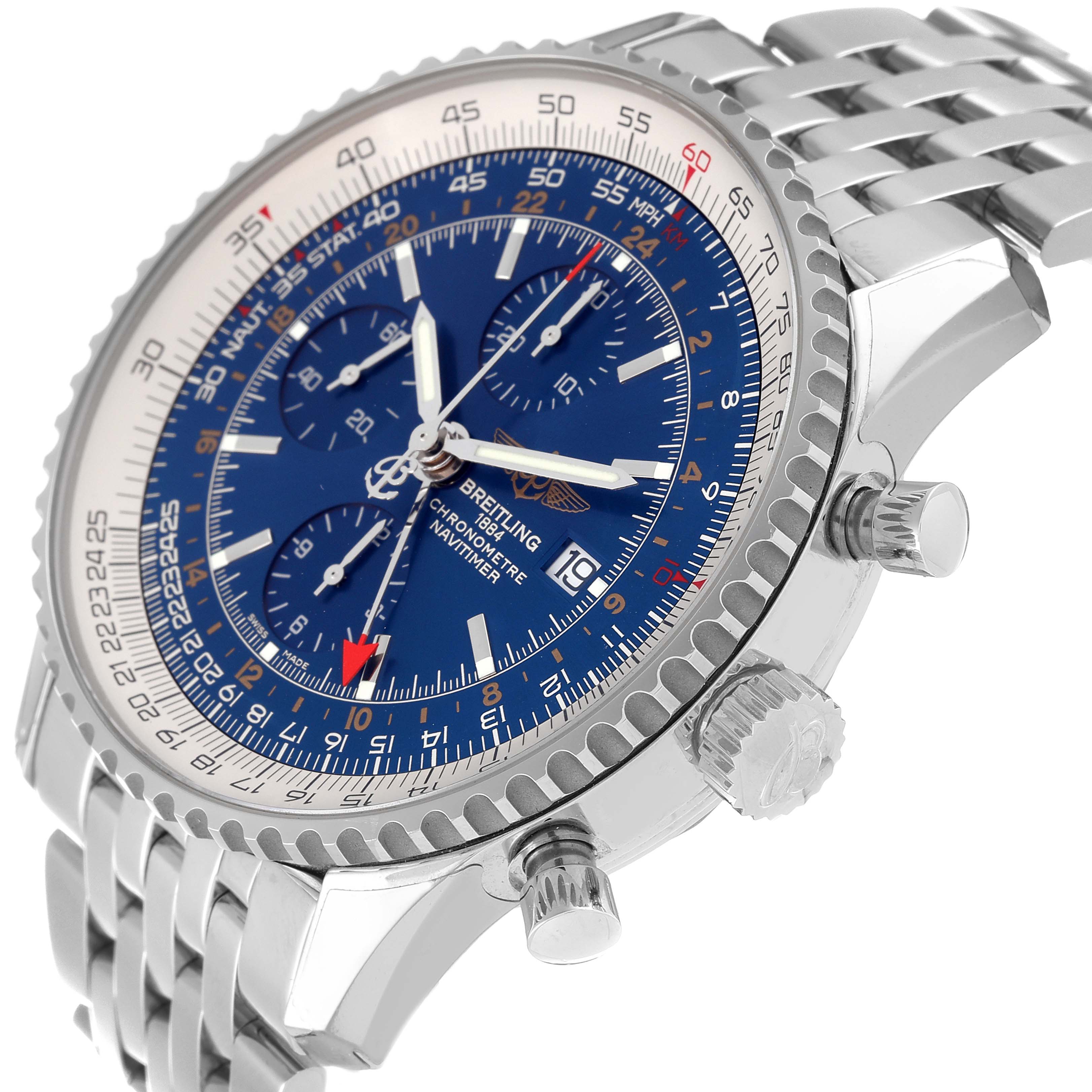 The image shows a close-up angled side view of a Breitling Navitimer A2432212/C651 Men's Stainless Steel Blue Dial A2432212/C651 Men's Stainless Steel Blue Dial watch, displaying its crown, pushers, bezel, and part of the bracelet.