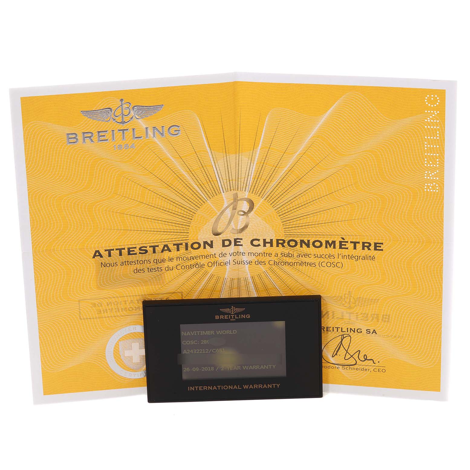 The image shows the certification and international warranty card for a Breitling Navitimer A2432212/C651 Men's Stainless Steel Blue Dial A2432212/C651 Men's Stainless Steel Blue Dial model watch.