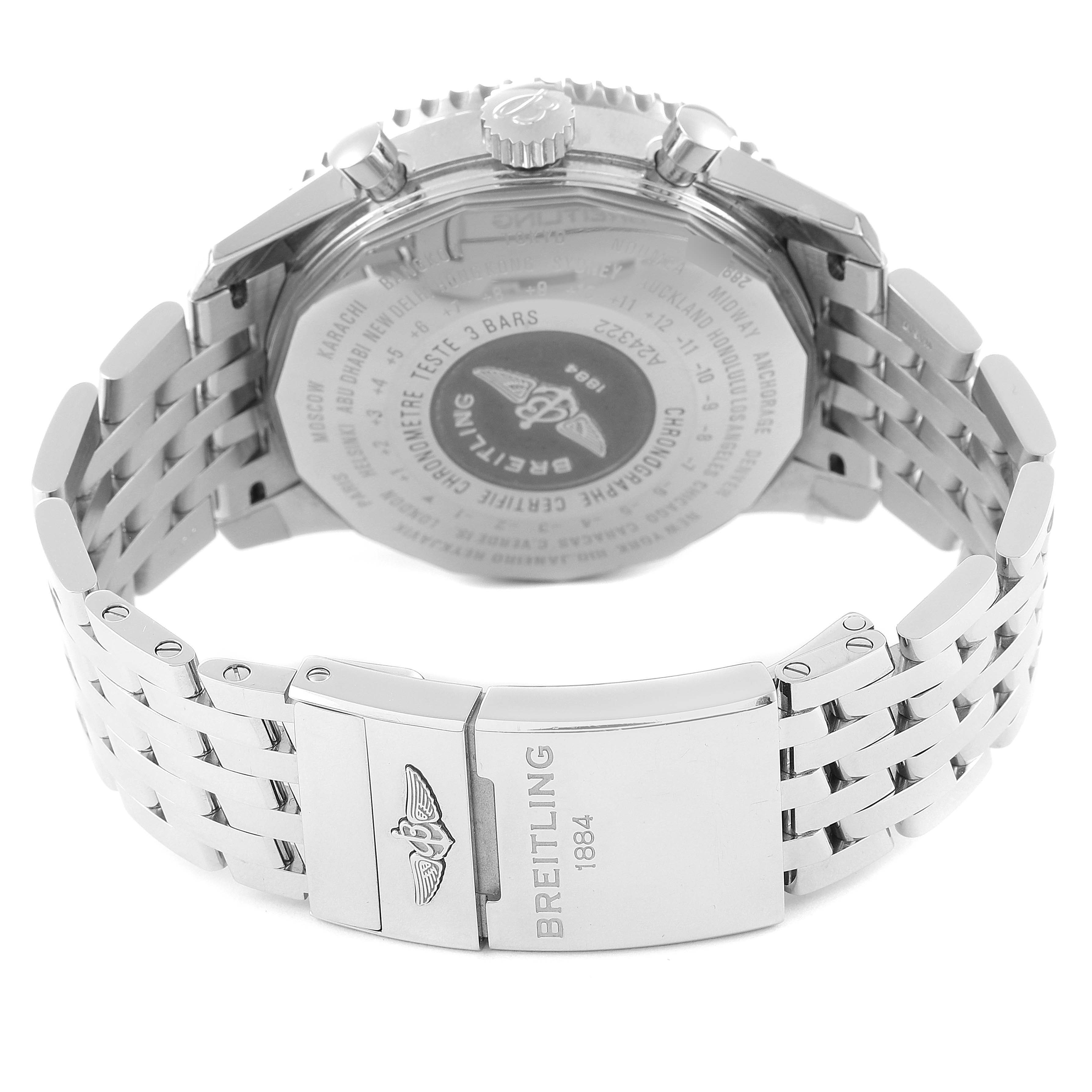 The image shows the back case and bracelet clasp of a Breitling Navitimer A2432212/C651 Men's Stainless Steel Blue Dial A2432212/C651 Men's Stainless Steel Blue Dial watch, viewed from the rear.