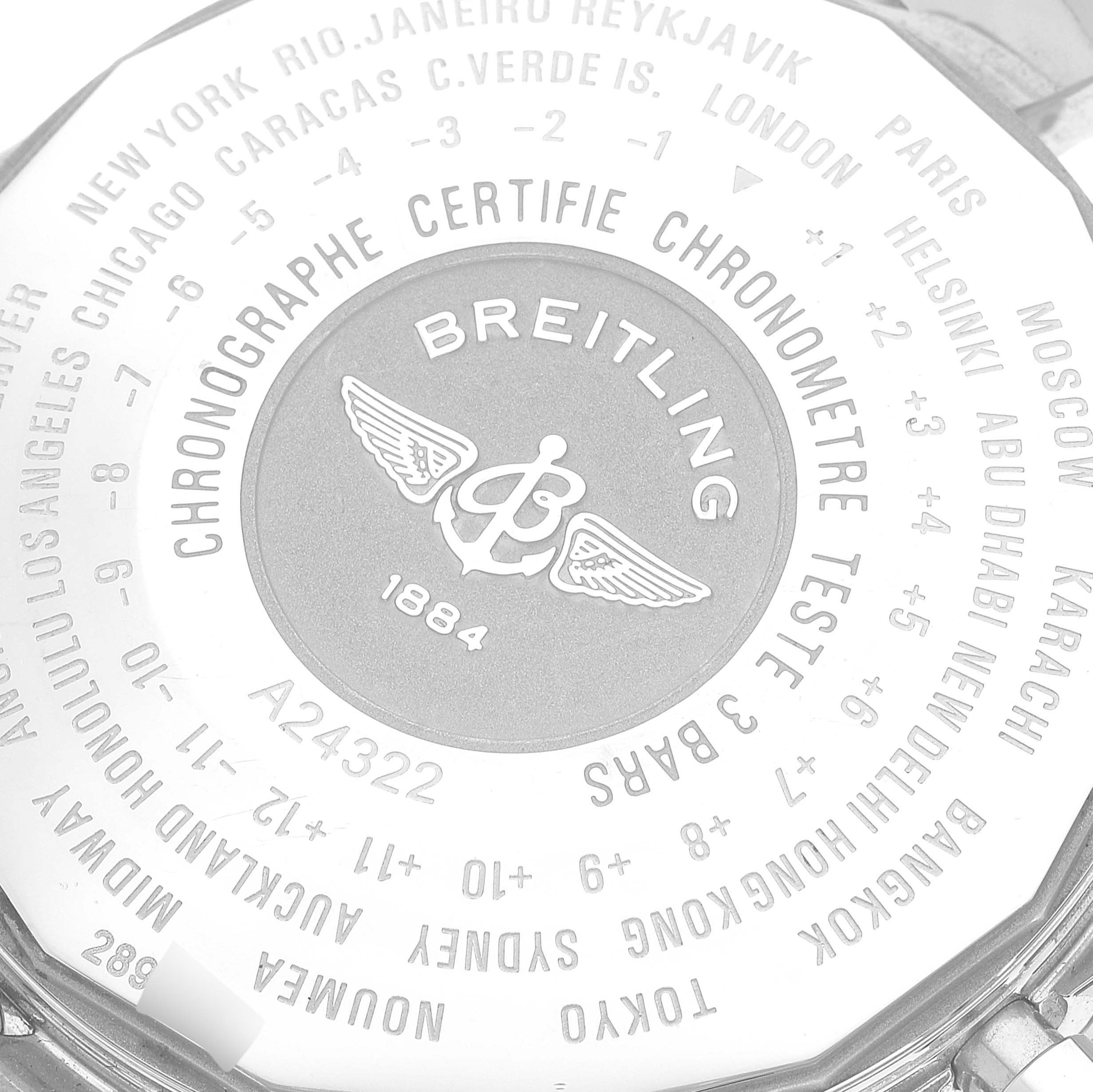 The image shows the back of a Breitling Navitimer A2432212/C651 Men's Stainless Steel Blue Dial A2432212/C651 Men's Stainless Steel Blue Dial watch, detailing its chronometer certification and various time zones.