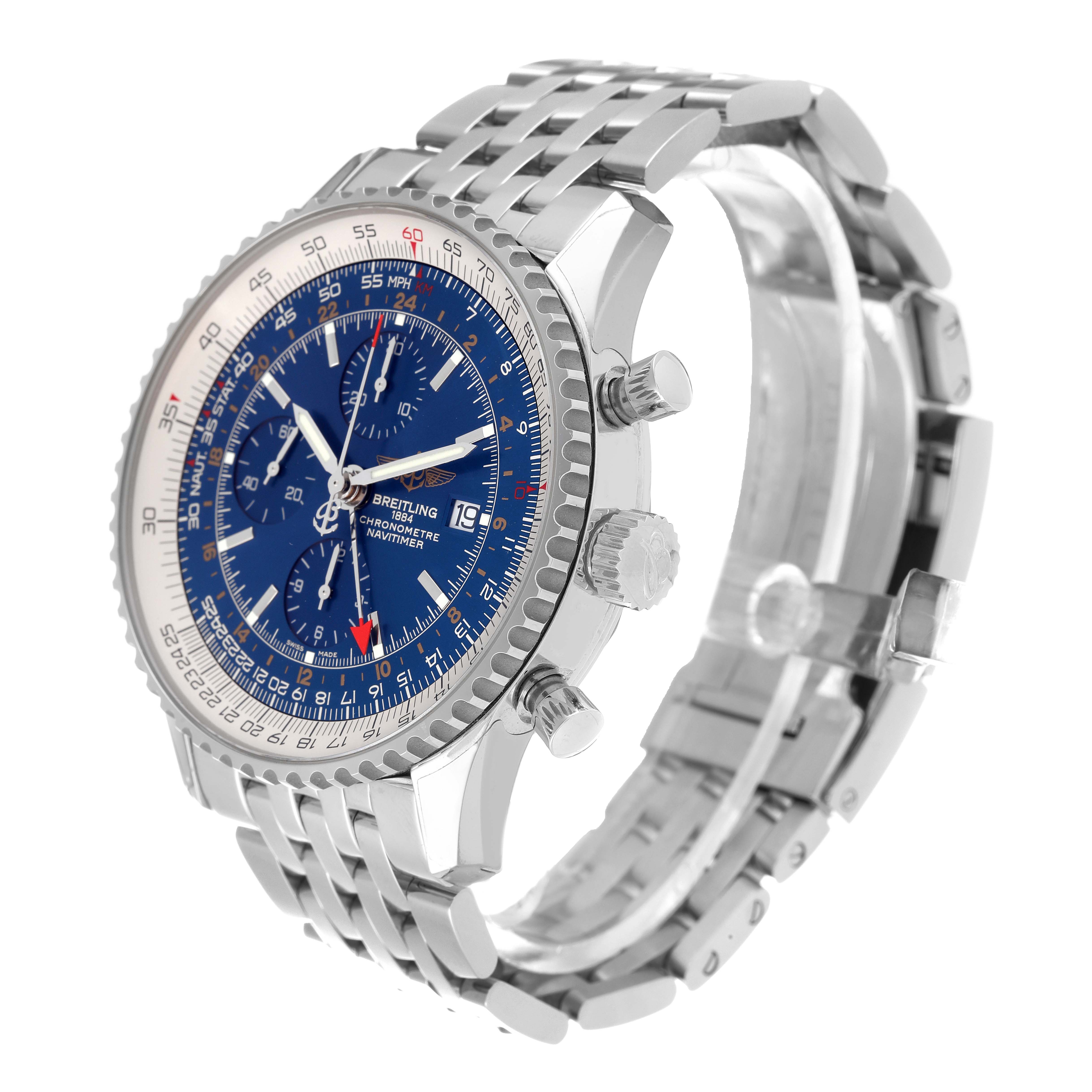 This Breitling Navitimer A2432212/C651 Men's Stainless Steel Blue Dial A2432212/C651 Men's Stainless Steel Blue Dial watch is shown at a three-quarter angle, highlighting the blue dial, stainless steel case, and bracelet.