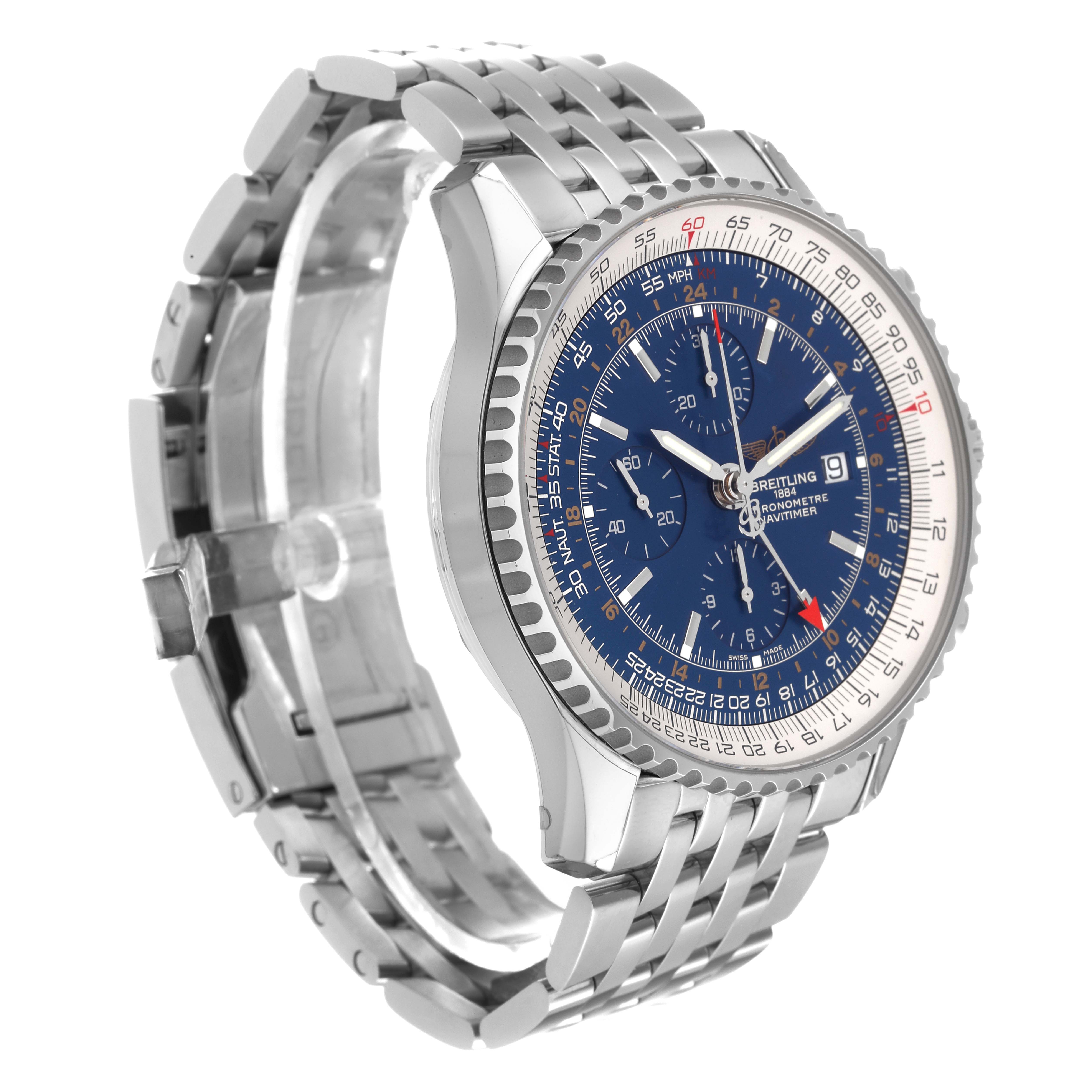 The image shows a side angle of the Breitling Navitimer A2432212/C651 Men's Stainless Steel Blue Dial A2432212/C651 Men's Stainless Steel Blue Dial watch, highlighting its blue dial, bezel, and stainless steel bracelet.
