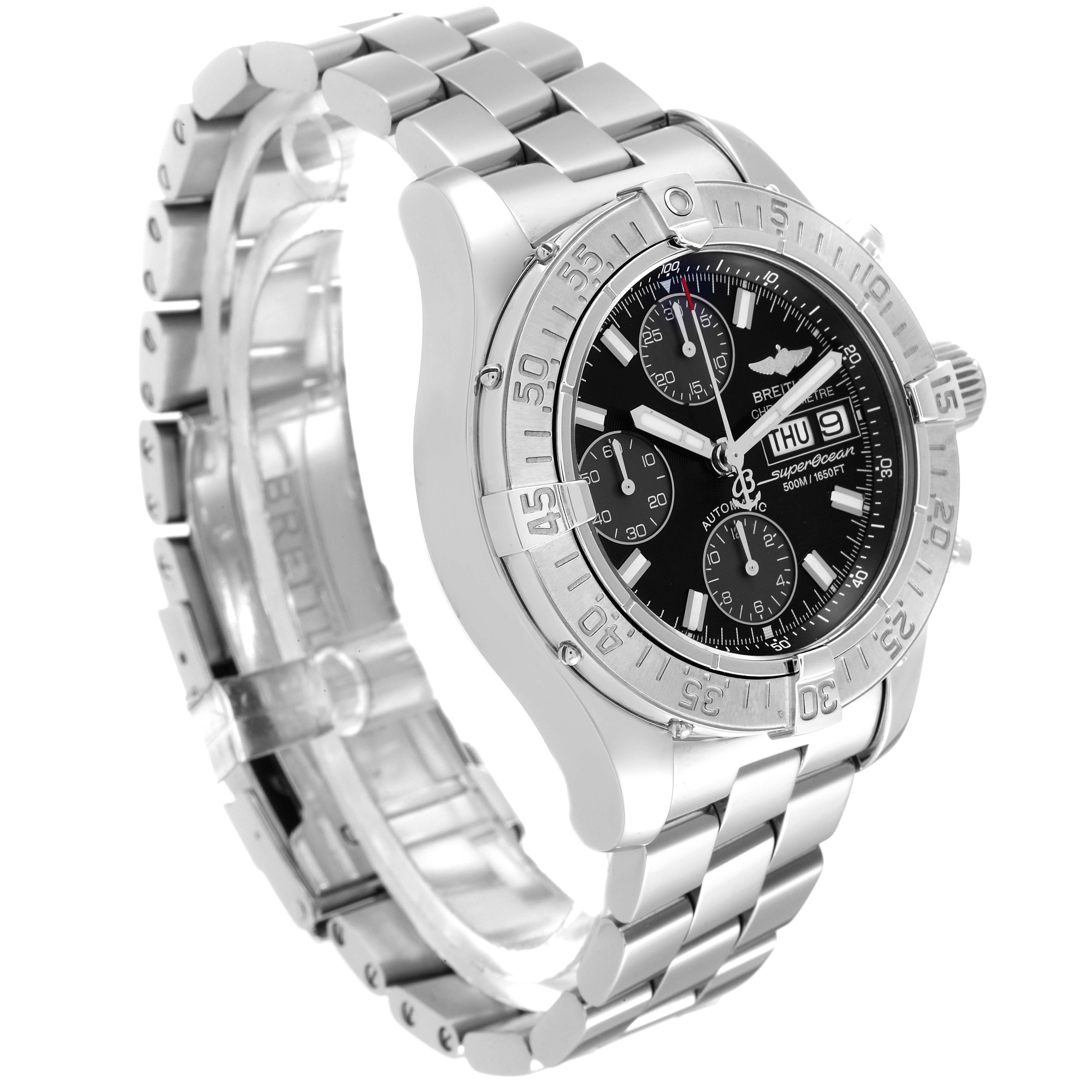 The Breitling Superocean A13340 Men's Stainless Steel Black Dial A13340 Men's Stainless Steel Black Dial watch is shown at a three-quarter angle, highlighting its stainless steel bracelet, bezel, and black dial.