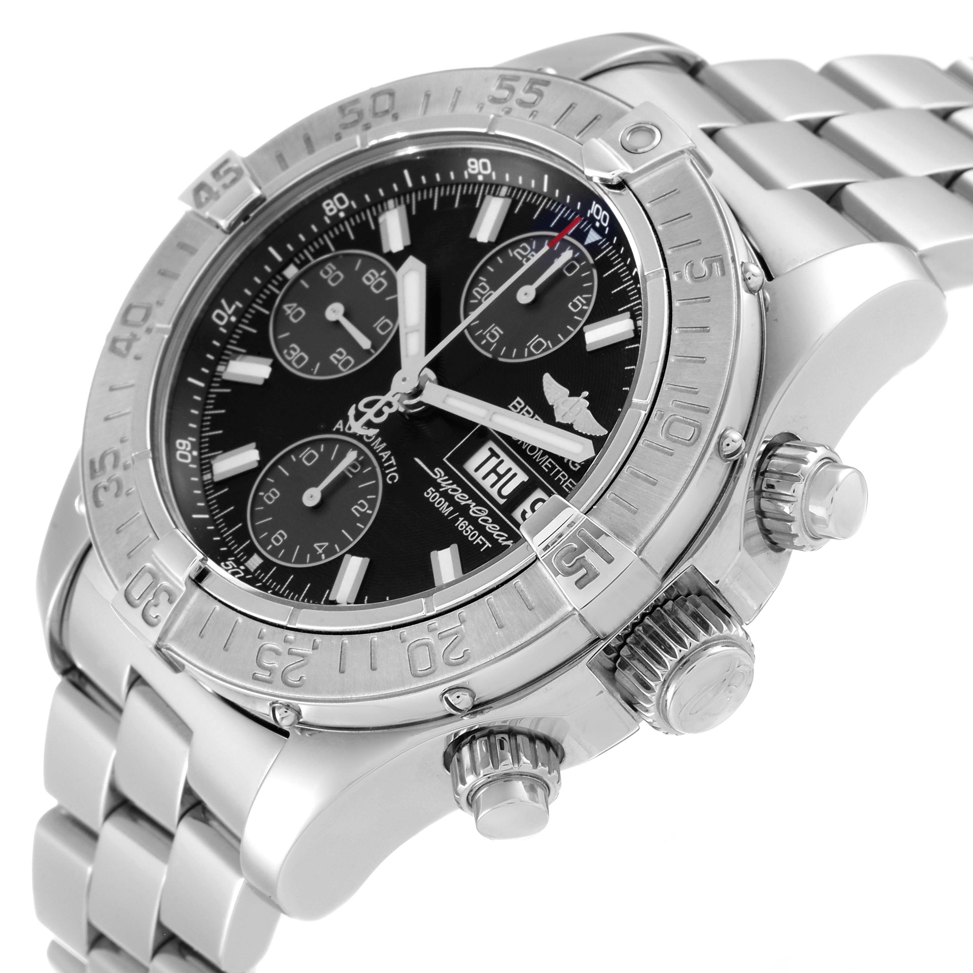 The Breitling Superocean A13340 Men's Stainless Steel Black Dial A13340 Men's Stainless Steel Black Dial watch is shown at an angle highlighting the face, bezel, pushers, and part of the bracelet.
