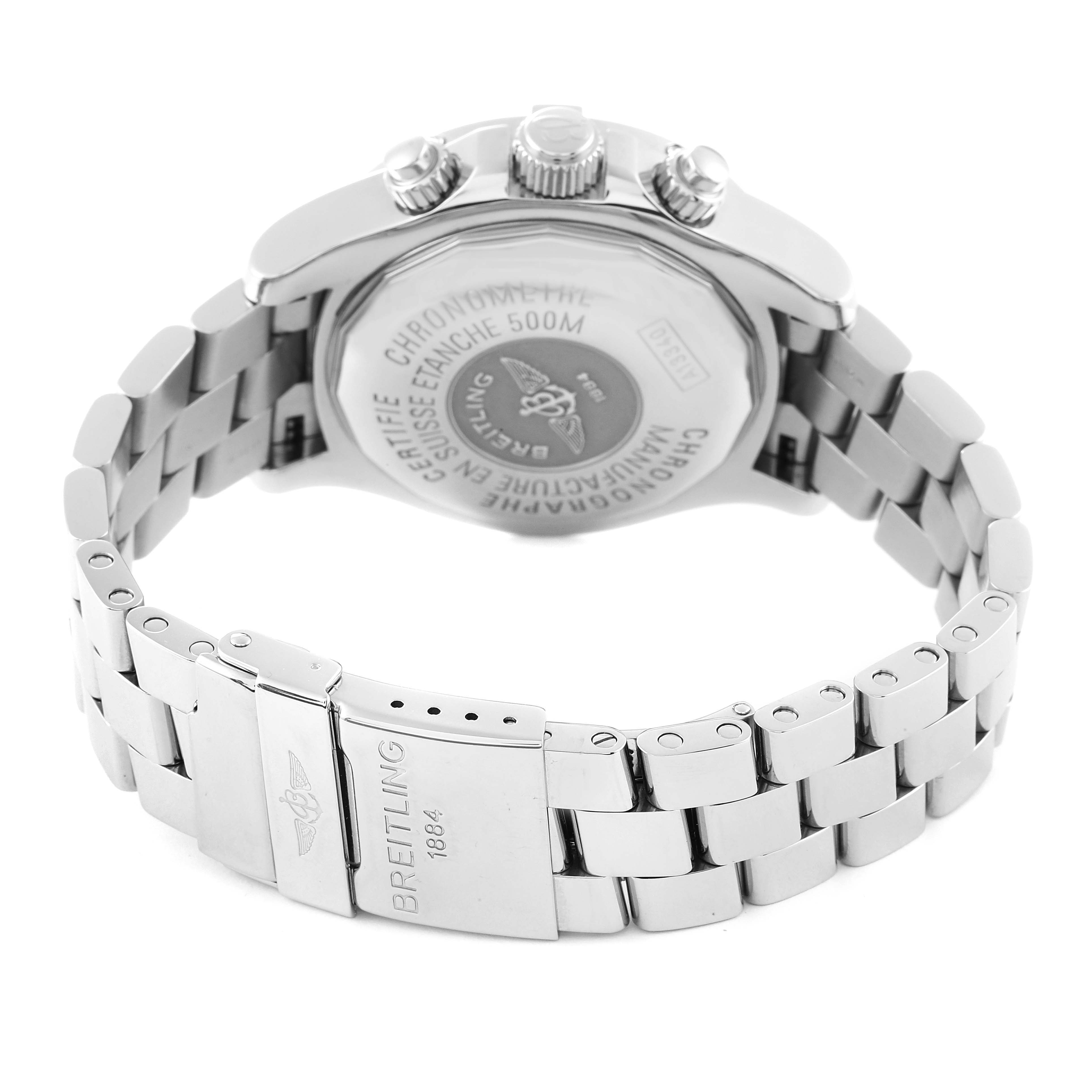 This image shows the back of the Breitling Superocean A13340 Men's Stainless Steel Black Dial A13340 Men's Stainless Steel Black Dial watch, highlighting its case back, crown, and metal bracelet clasp.