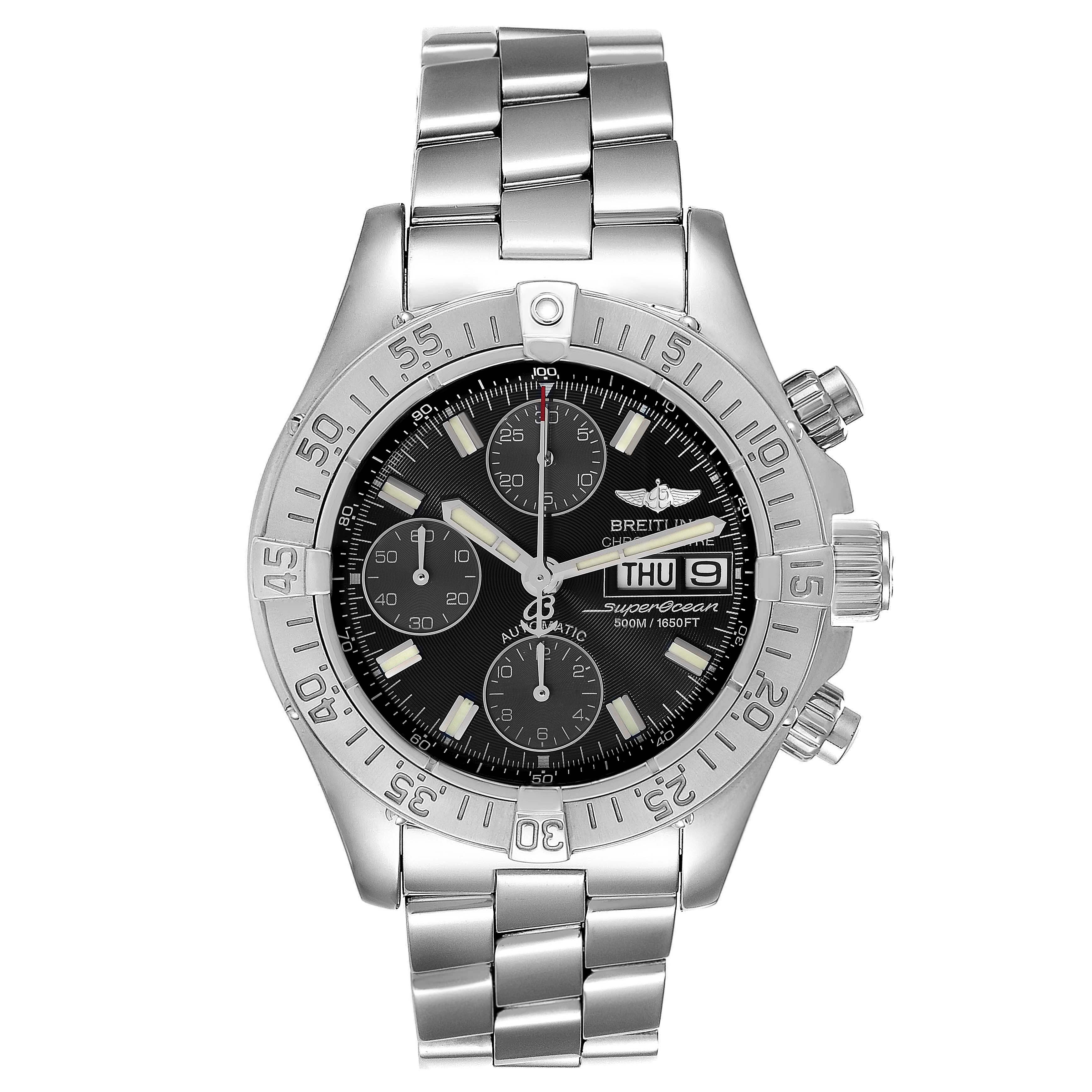 The image shows a front view of the Breitling Superocean A13340 Men's Stainless Steel Black Dial A13340 Men's Stainless Steel Black Dial watch, including the dial, bezel, and bracelet.