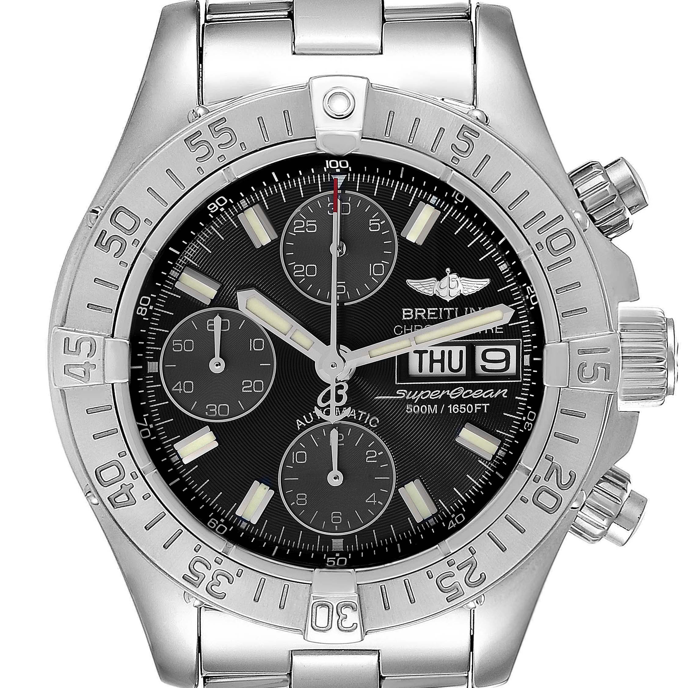This is a frontal view of a Breitling Superocean A13340 Men's Stainless Steel Black Dial A13340 Men's Stainless Steel Black Dial watch, showing the full dial, crown, and bezel.