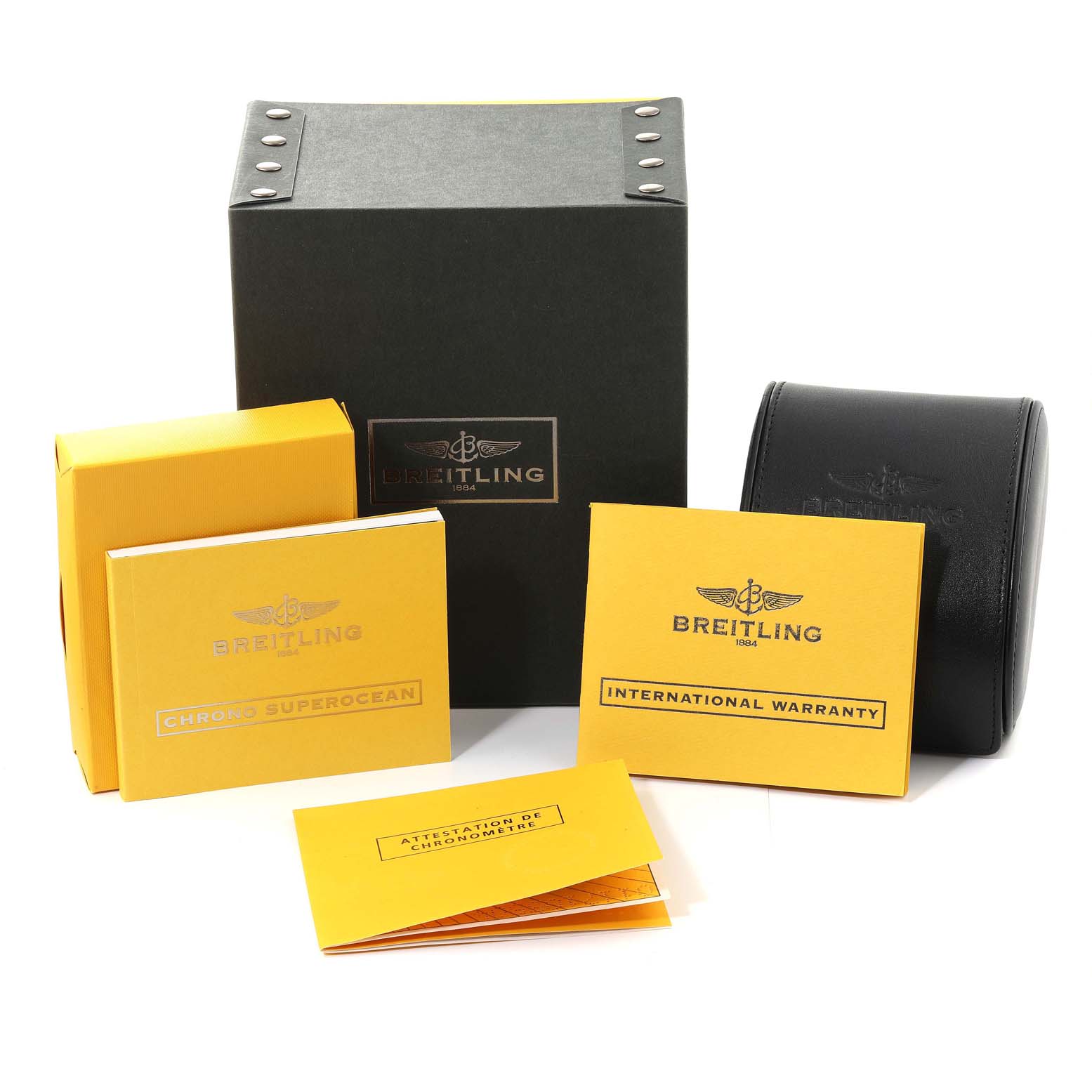 The image shows the Breitling Superocean A13340 Men's Stainless Steel Black Dial A13340 Men's Stainless Steel Black Dial watch packaging, including the main box, watch case, and certification documents.