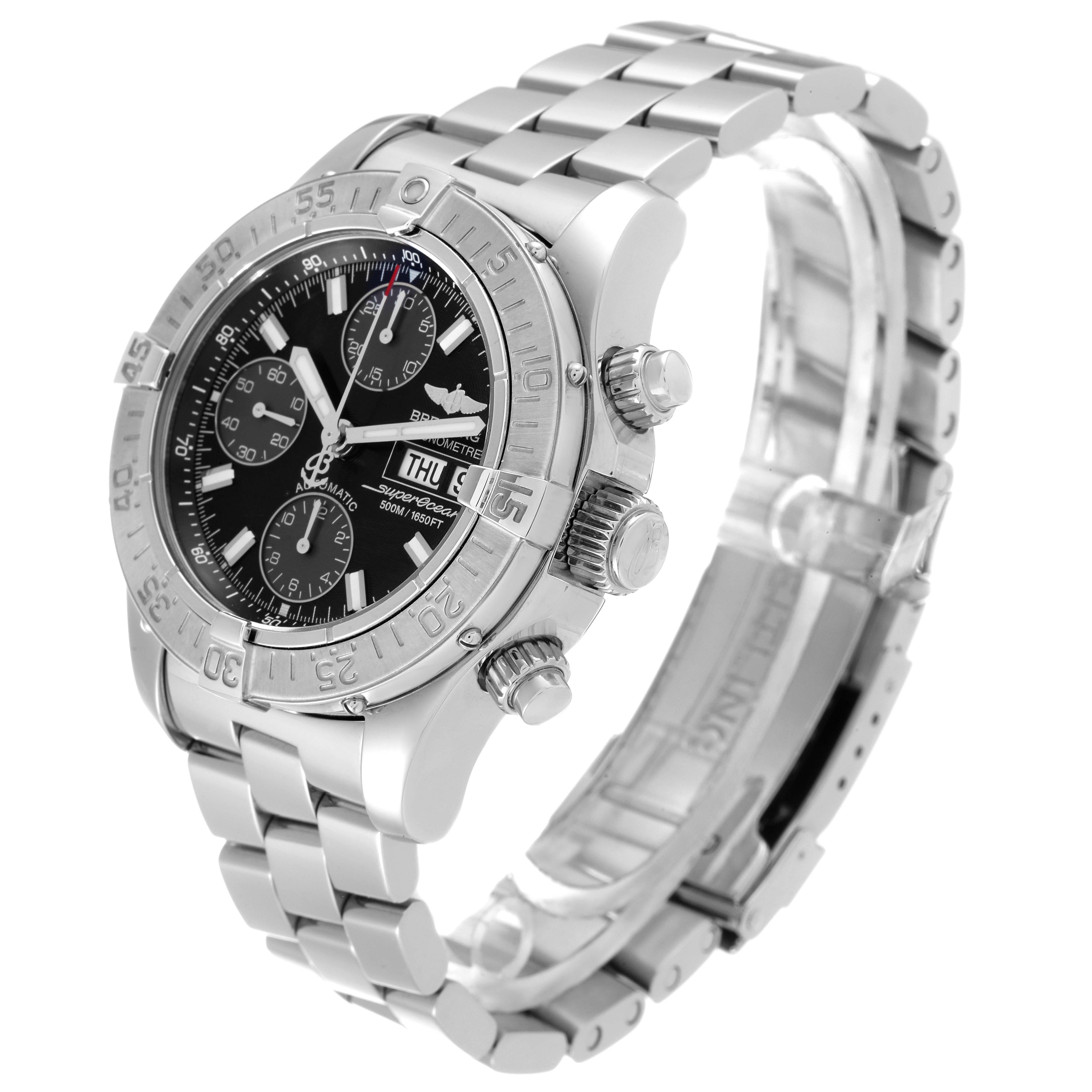 The Breitling Superocean A13340 Men's Stainless Steel Black Dial A13340 Men's Stainless Steel Black Dial watch is shown at a three-quarter angle, highlighting its dial, bezel, and metal bracelet.