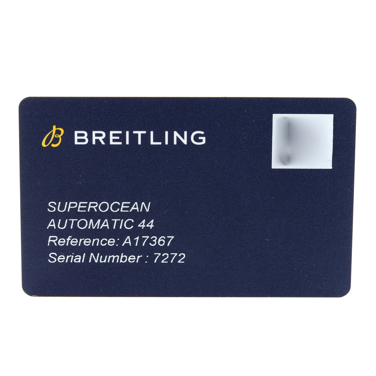 A Breitling Superocean A17367 Men's Stainless Steel Blue Dial A17367 Men's Stainless Steel Blue Dial model card displaying the reference and serial number information.