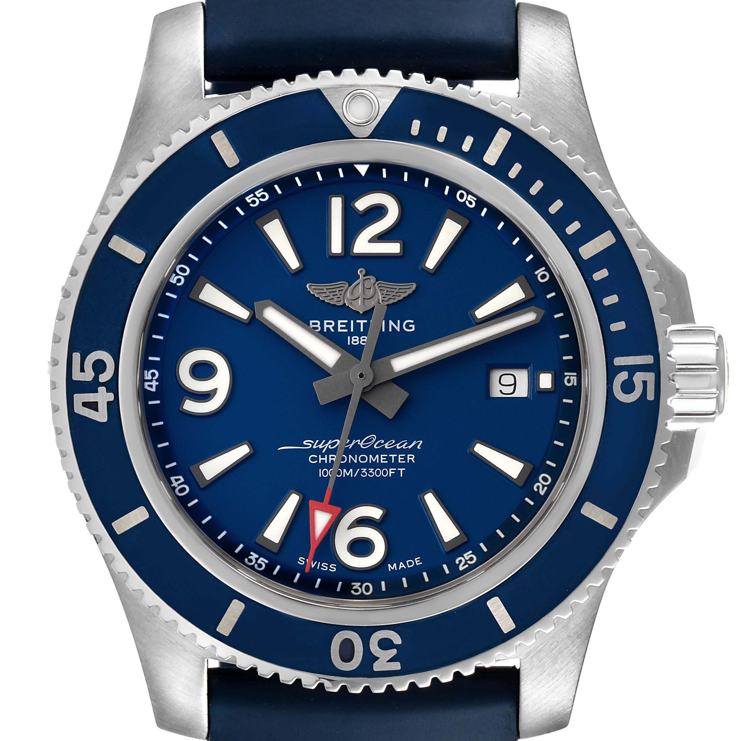 This Breitling Superocean A17367 Men's Stainless Steel Blue Dial A17367 Men's Stainless Steel Blue Dial watch is shown from a top-down angle, displaying the dial, bezel, and part of the strap.