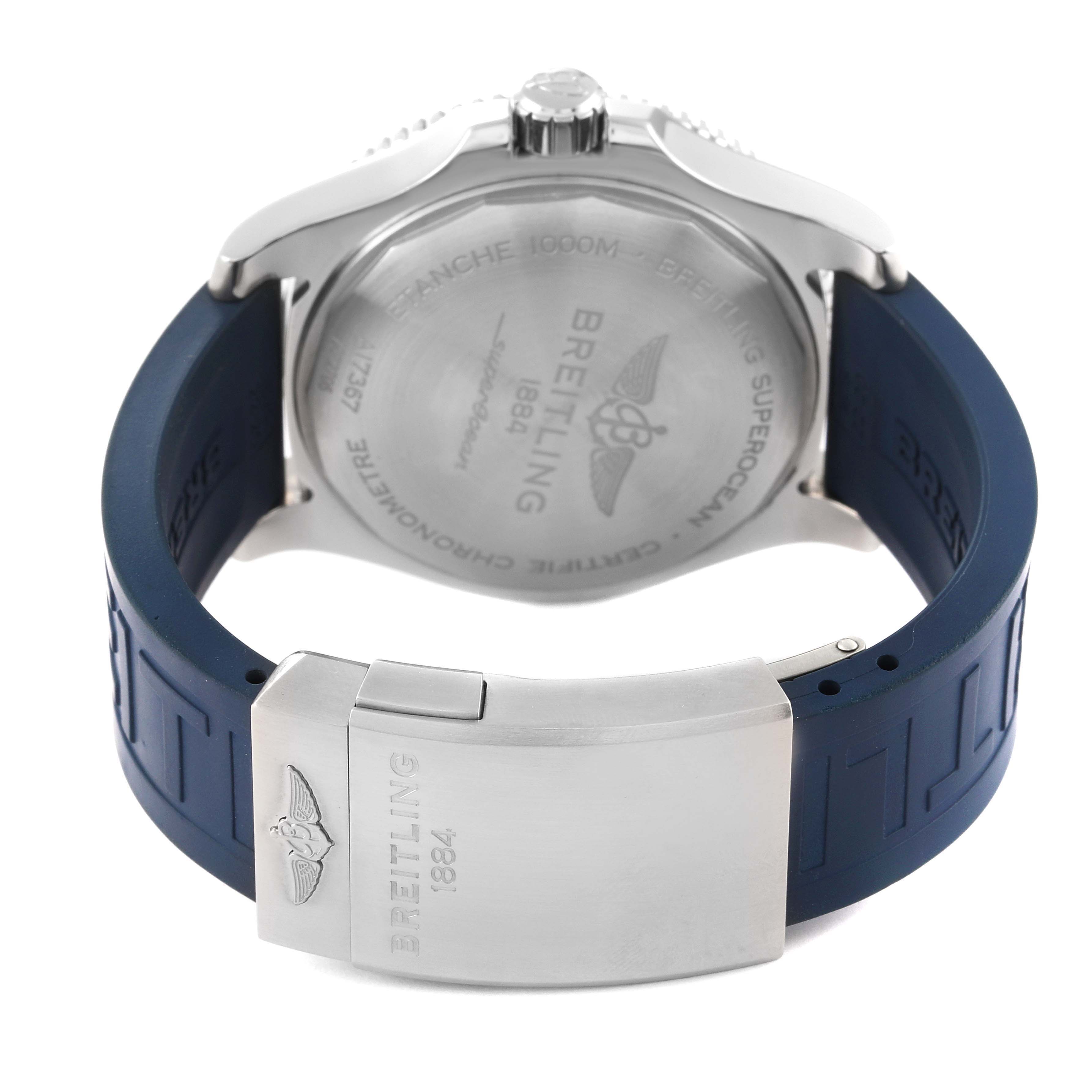 This image shows the back case and blue rubber strap of the Breitling Superocean A17367 Men's Stainless Steel Blue Dial A17367 Men's Stainless Steel Blue Dial watch, with the clasp visible.