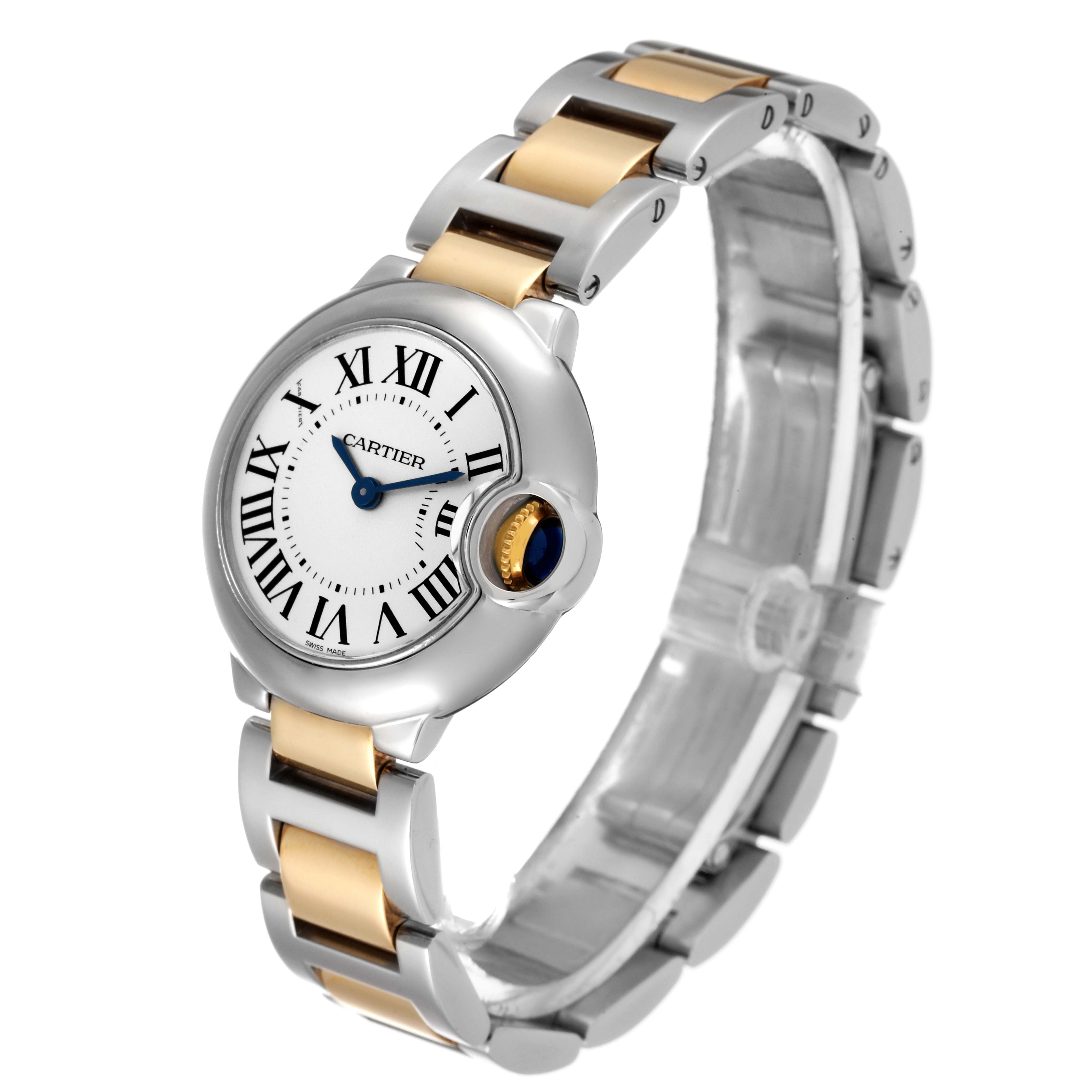 The image shows a Cartier Ballon Bleu W69007Z3 Women's Steel and Gold (two tone) Silver Dial W69007Z3 Women's Steel and Gold (two tone) Silver Dial watch from an angle highlighting the face and bracelet.