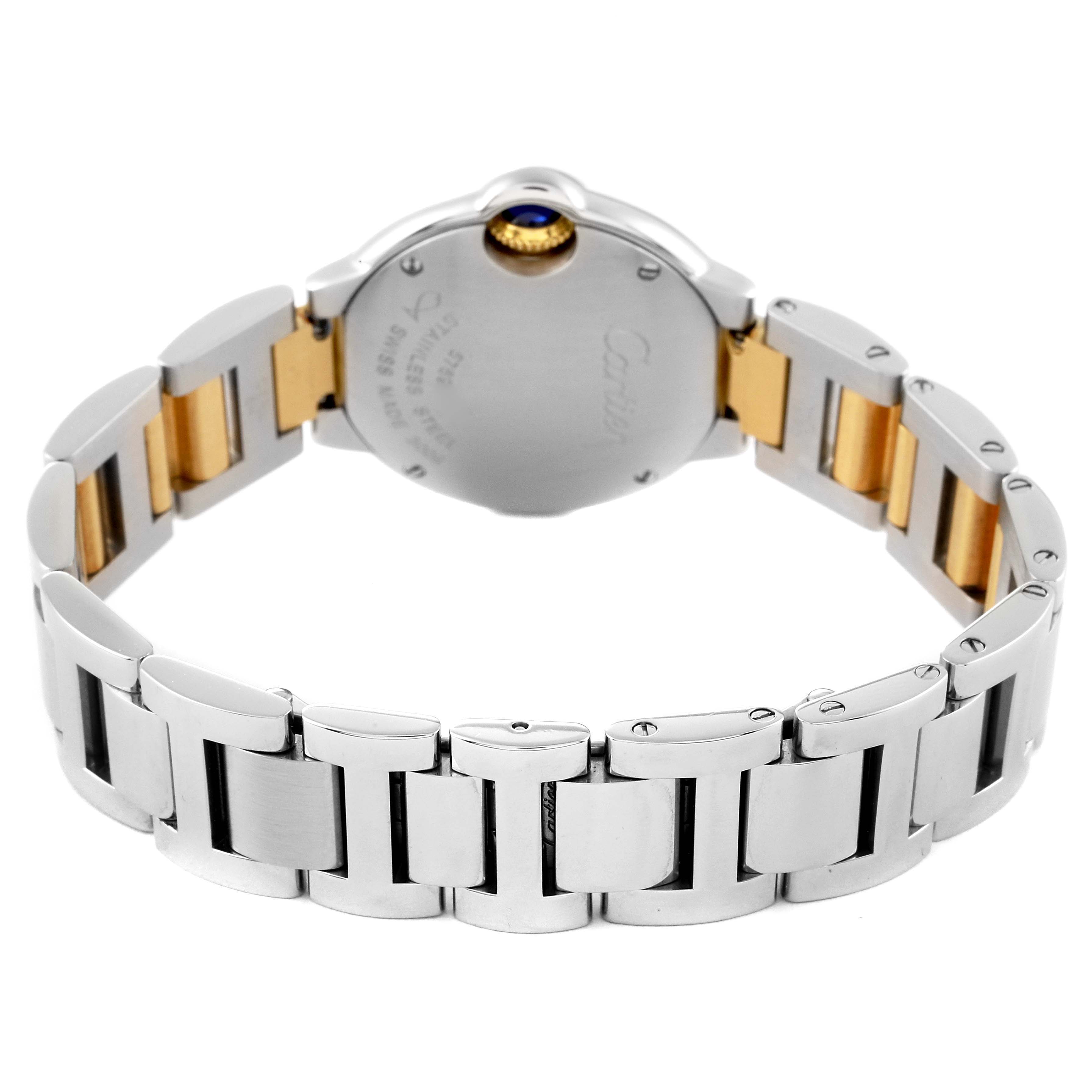 The image shows the back view and part of the bracelet of the Cartier Ballon Bleu W69007Z3 Women's Steel and Gold (two tone) Silver Dial W69007Z3 Women's Steel and Gold (two tone) Silver Dial model watch.