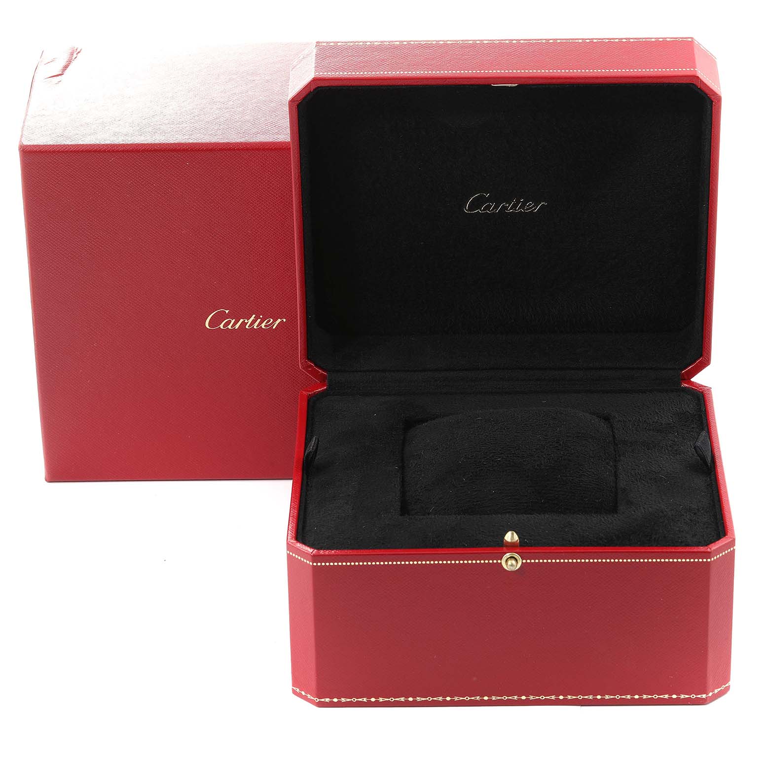This image shows an open red Cartier box for the Ballon Bleu model, featuring a black interior.