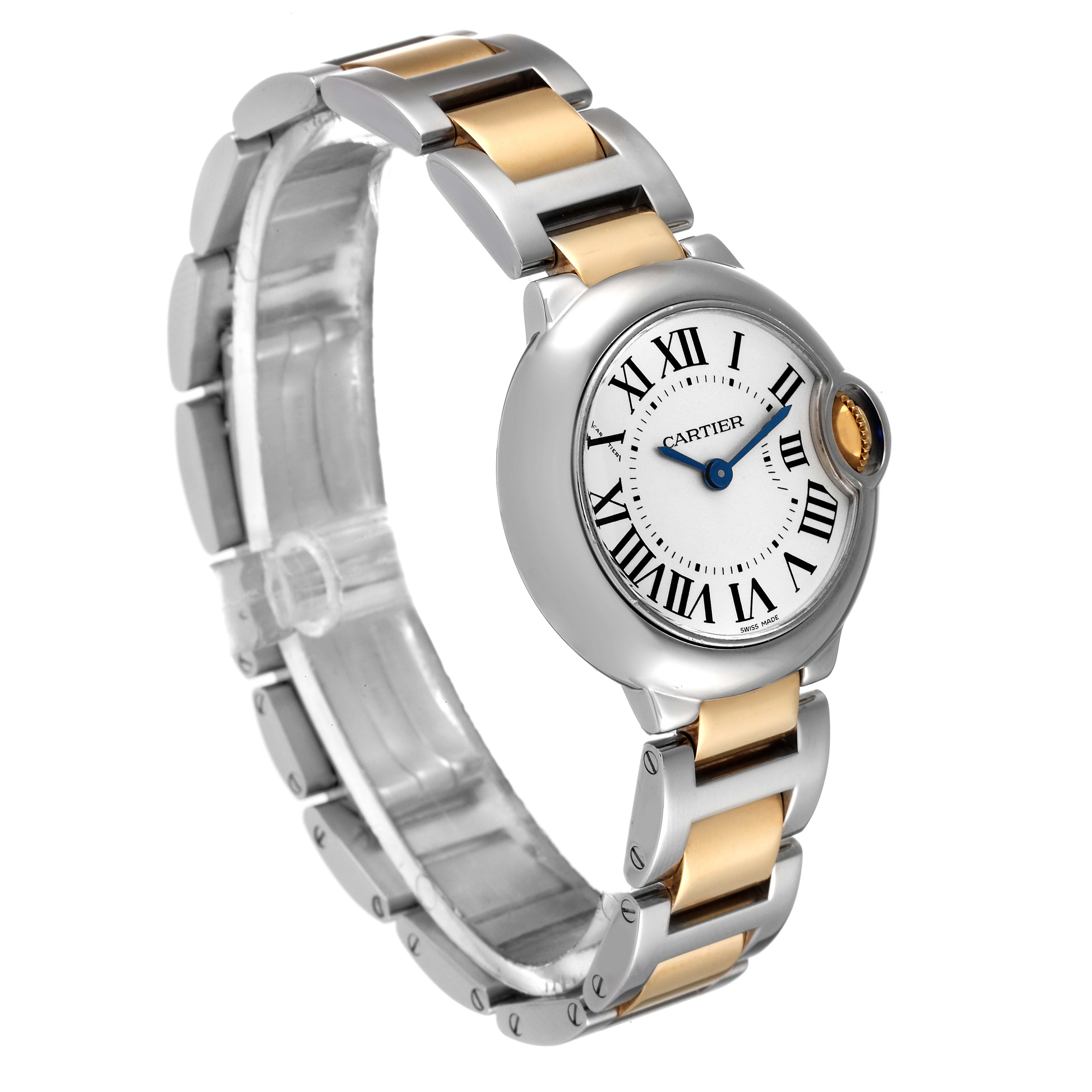 The image shows a Cartier Ballon Bleu W69007Z3 Women's Steel and Gold (two tone) Silver Dial W69007Z3 Women's Steel and Gold (two tone) Silver Dial watch angled from the front-left, displaying its round face and two-tone metal bracelet.