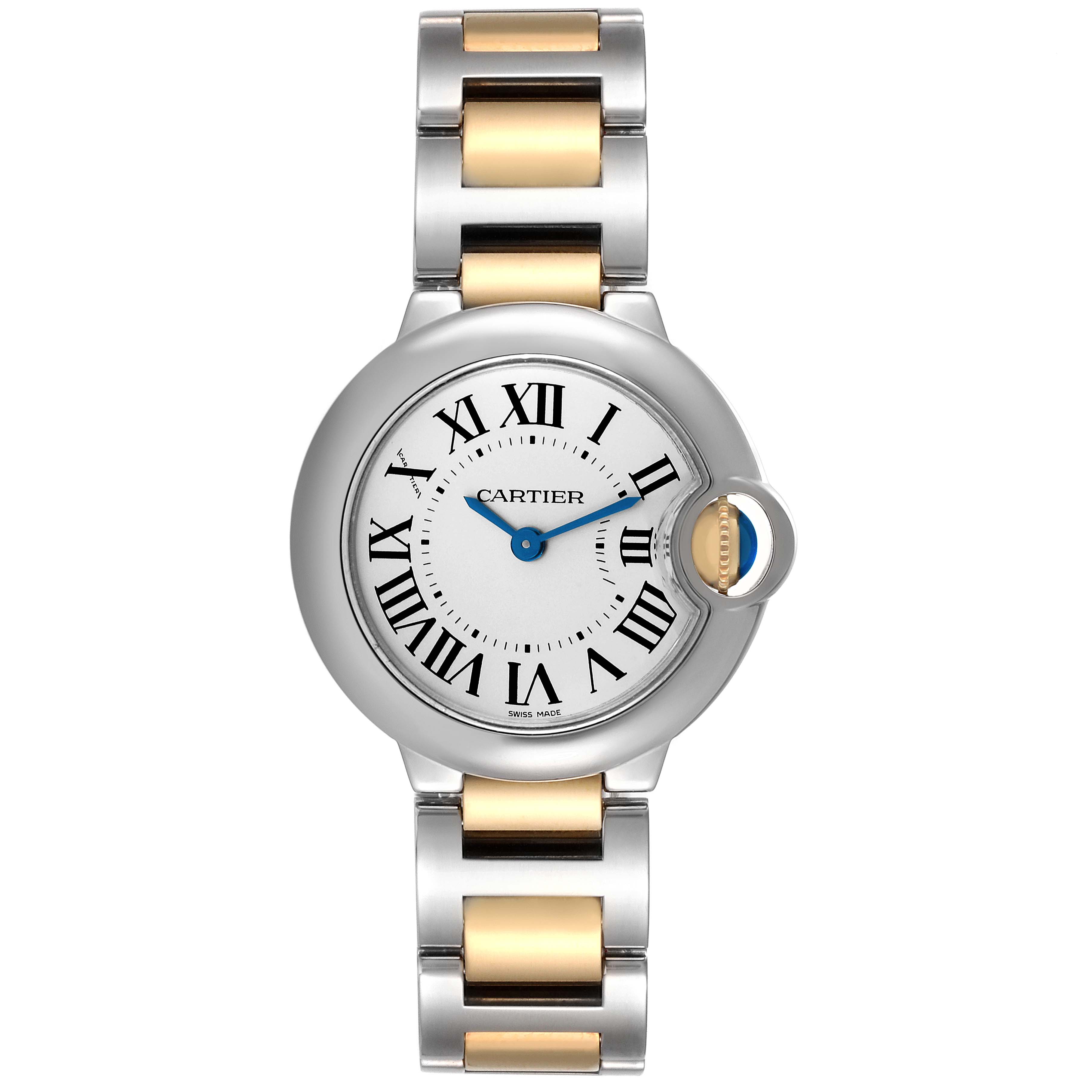 The image shows a front view of a Cartier Ballon Bleu W69007Z3 Women's Steel and Gold (two tone) Silver Dial W69007Z3 Women's Steel and Gold (two tone) Silver Dial watch, including its dial, bracelet, and crown.