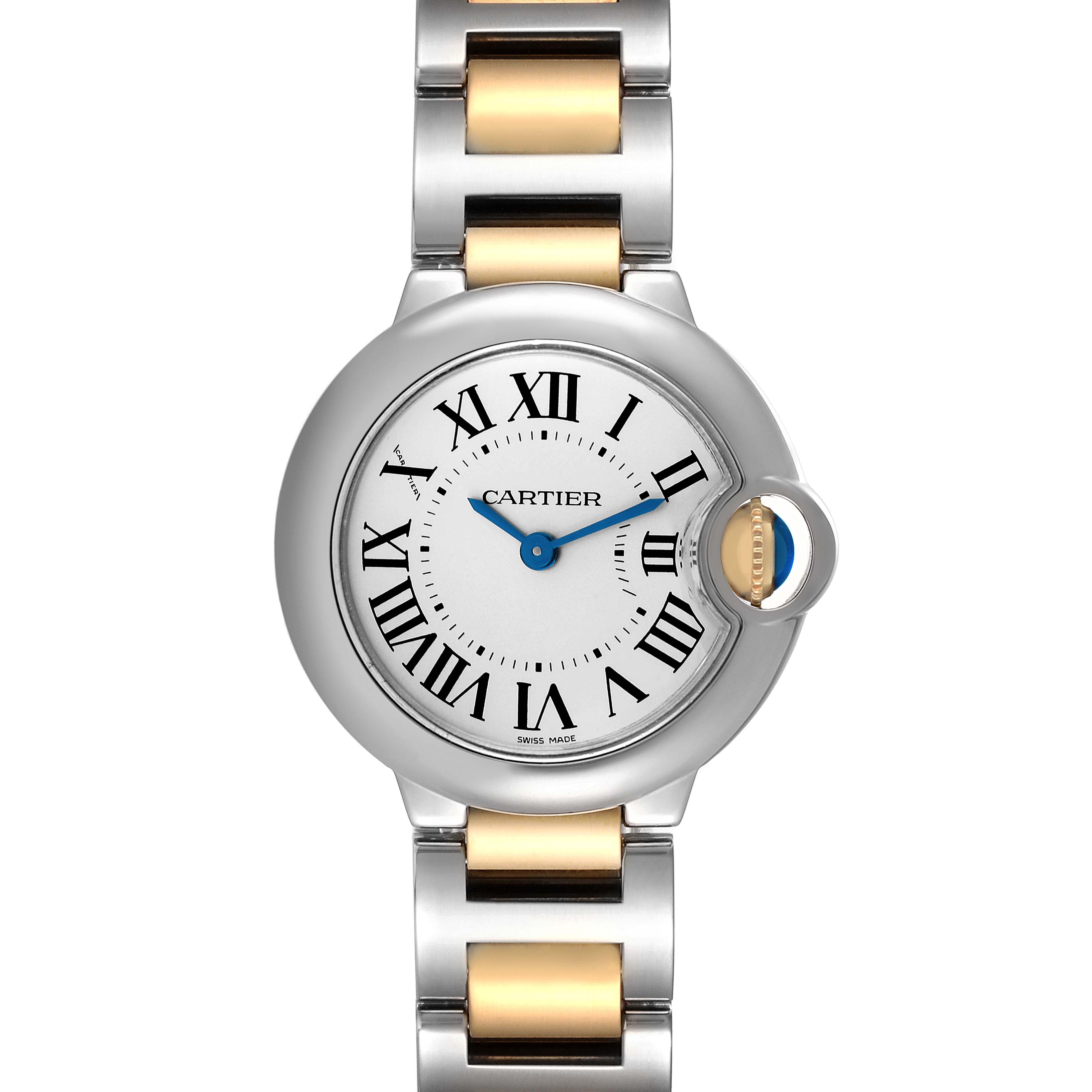 The Cartier Ballon Bleu W69007Z3 Women's Steel and Gold (two tone) Silver Dial W69007Z3 Women's Steel and Gold (two tone) Silver Dial watch is shown from the front, highlighting its round face, Roman numerals, blue hands, and metal band.