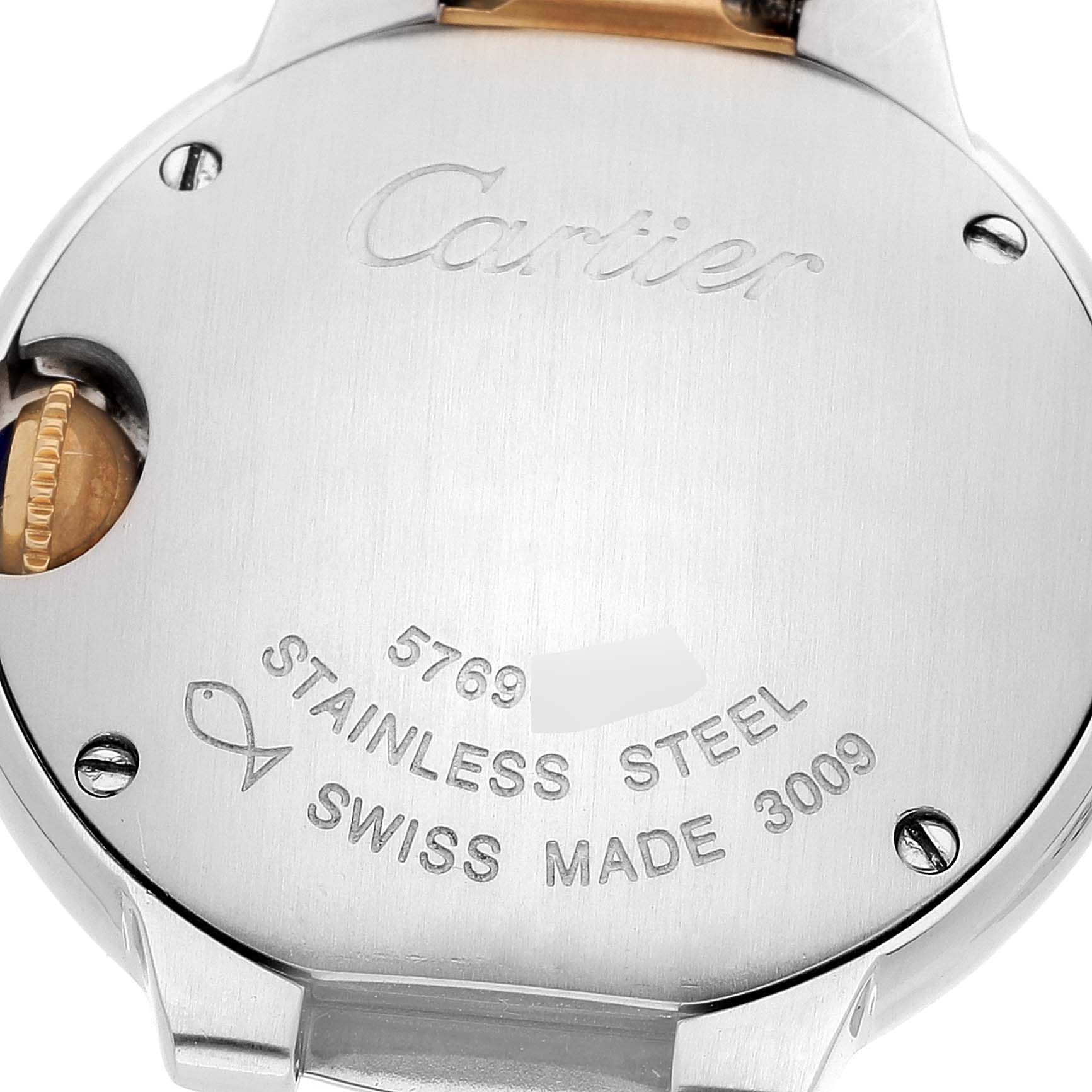 This image shows the back case of a Cartier Ballon Bleu W69007Z3 Women's Steel and Gold (two tone) Silver Dial W69007Z3 Women's Steel and Gold (two tone) Silver Dial watch, highlighting the brand engraving and specifications.