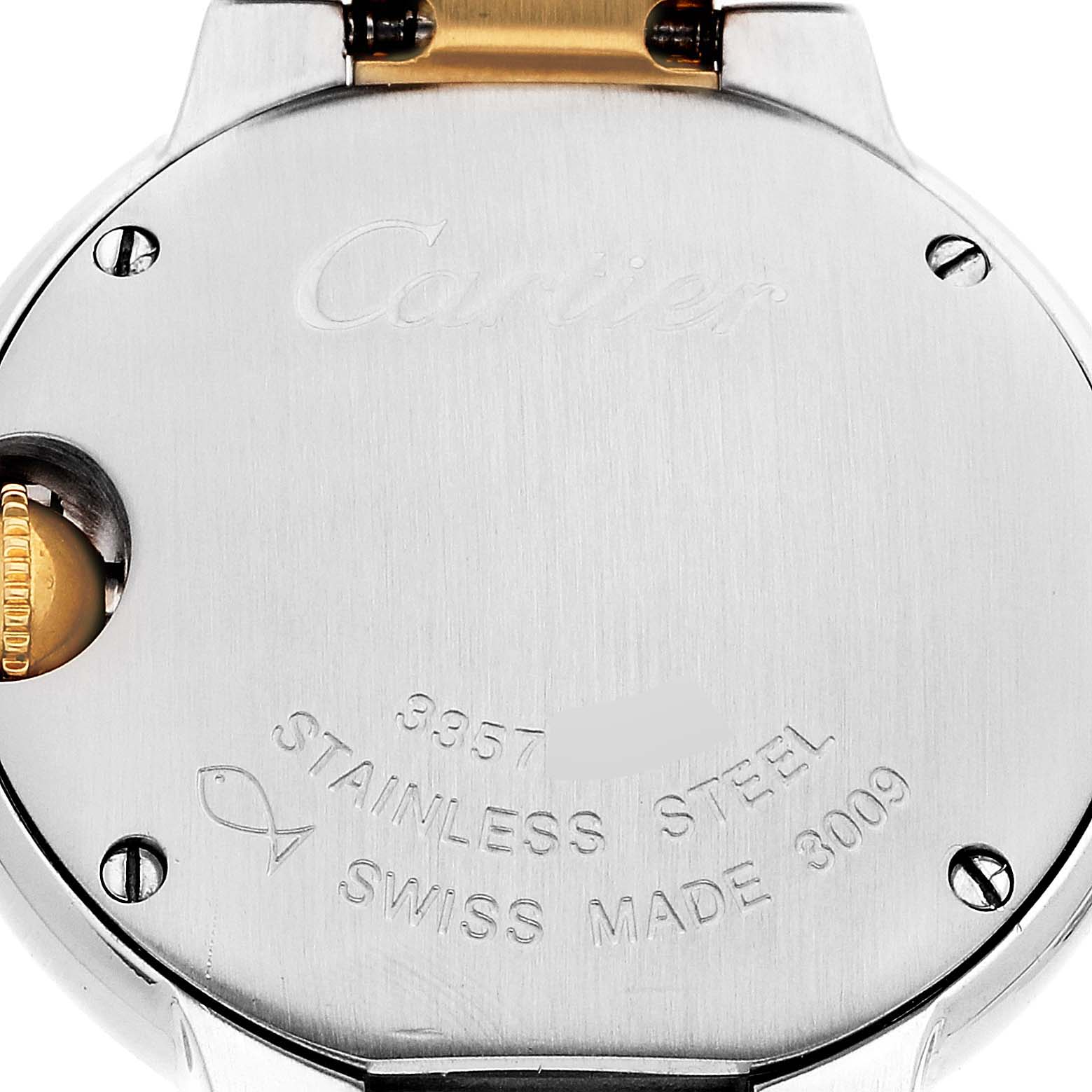 This image shows the back case of the Ballon Bleu watch by Cartier, highlighting engravings and part of the crown.