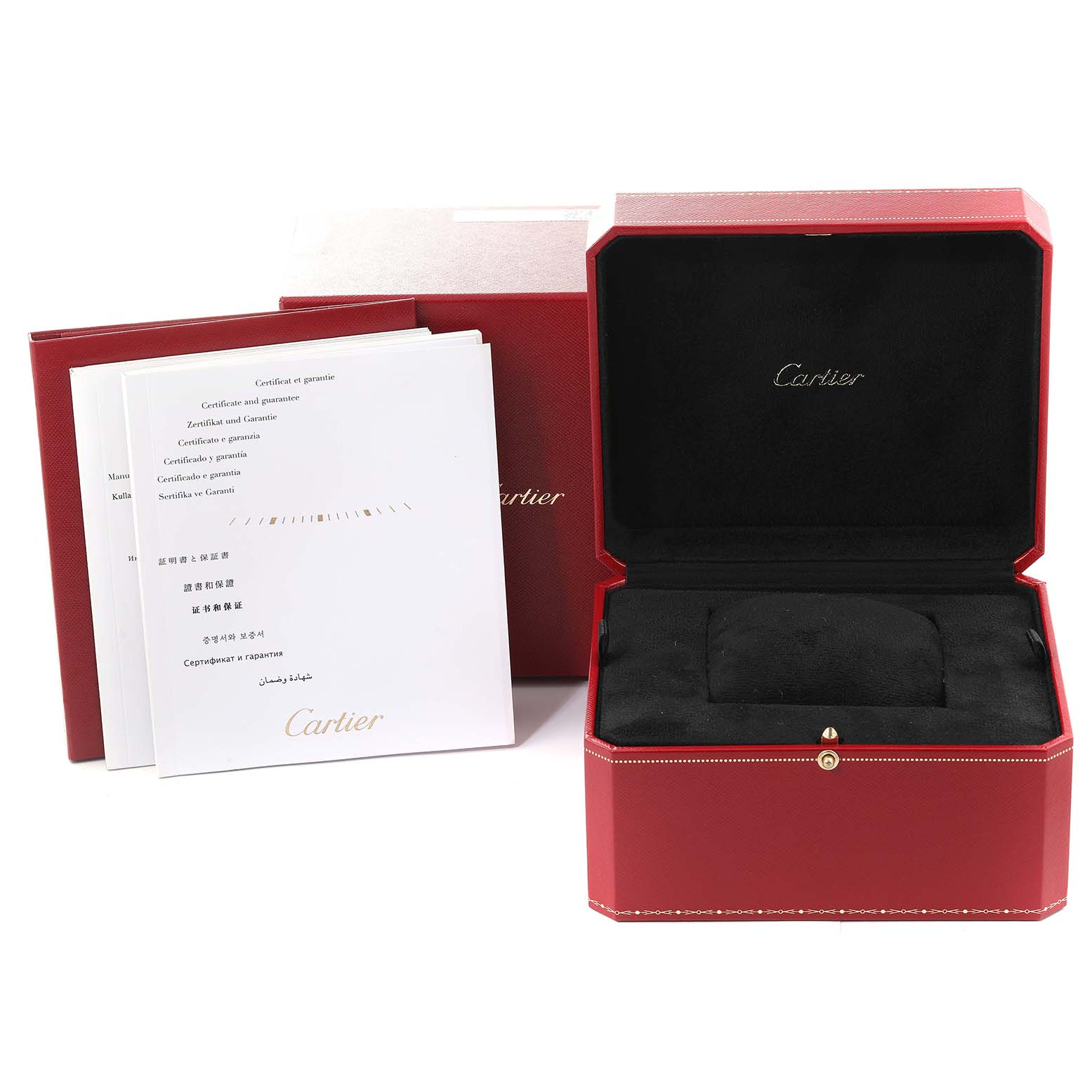 This image shows the Cartier Ballon Bleu W69007Z3 Women
s Steel and Gold (two tone) Silver Dial W69007Z3 Women
s Steel and Gold (two tone) Silver Dial watch packaging, including a red watch box and booklets.