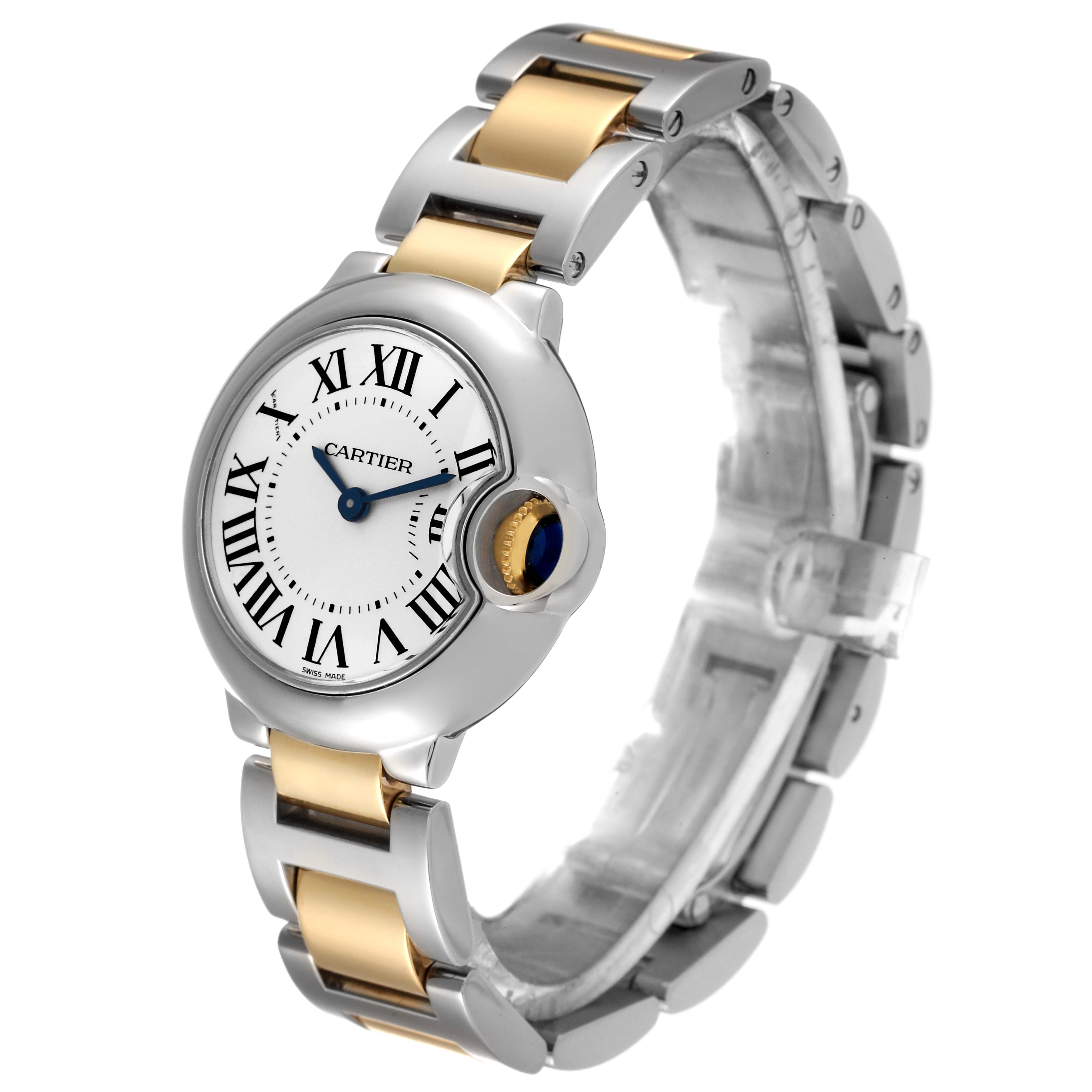 The image shows a side angle view of the Ballon Bleu model by Cartier, featuring the watch face and two-tone metal bracelet.