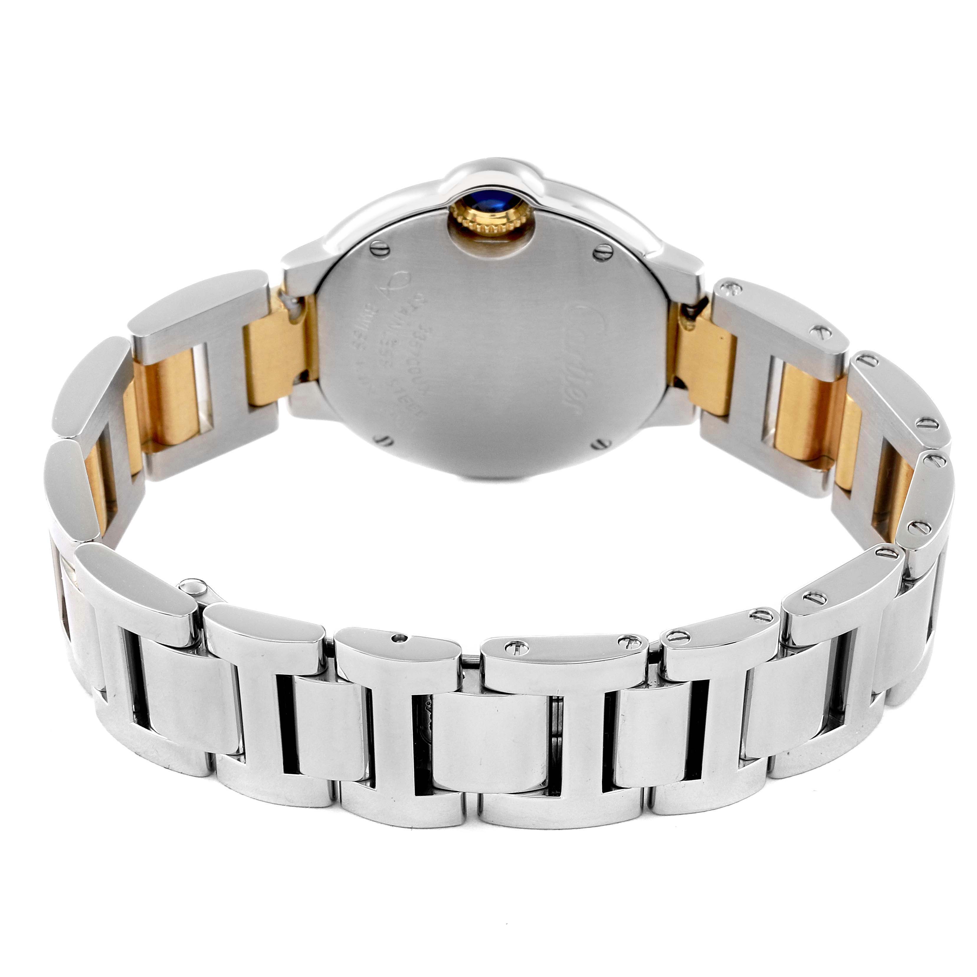 This image shows the back and bracelet of the Cartier Ballon Bleu W69007Z3 Women
s Steel and Gold (two tone) Silver Dial W69007Z3 Women
s Steel and Gold (two tone) Silver Dial watch at a slight angle.