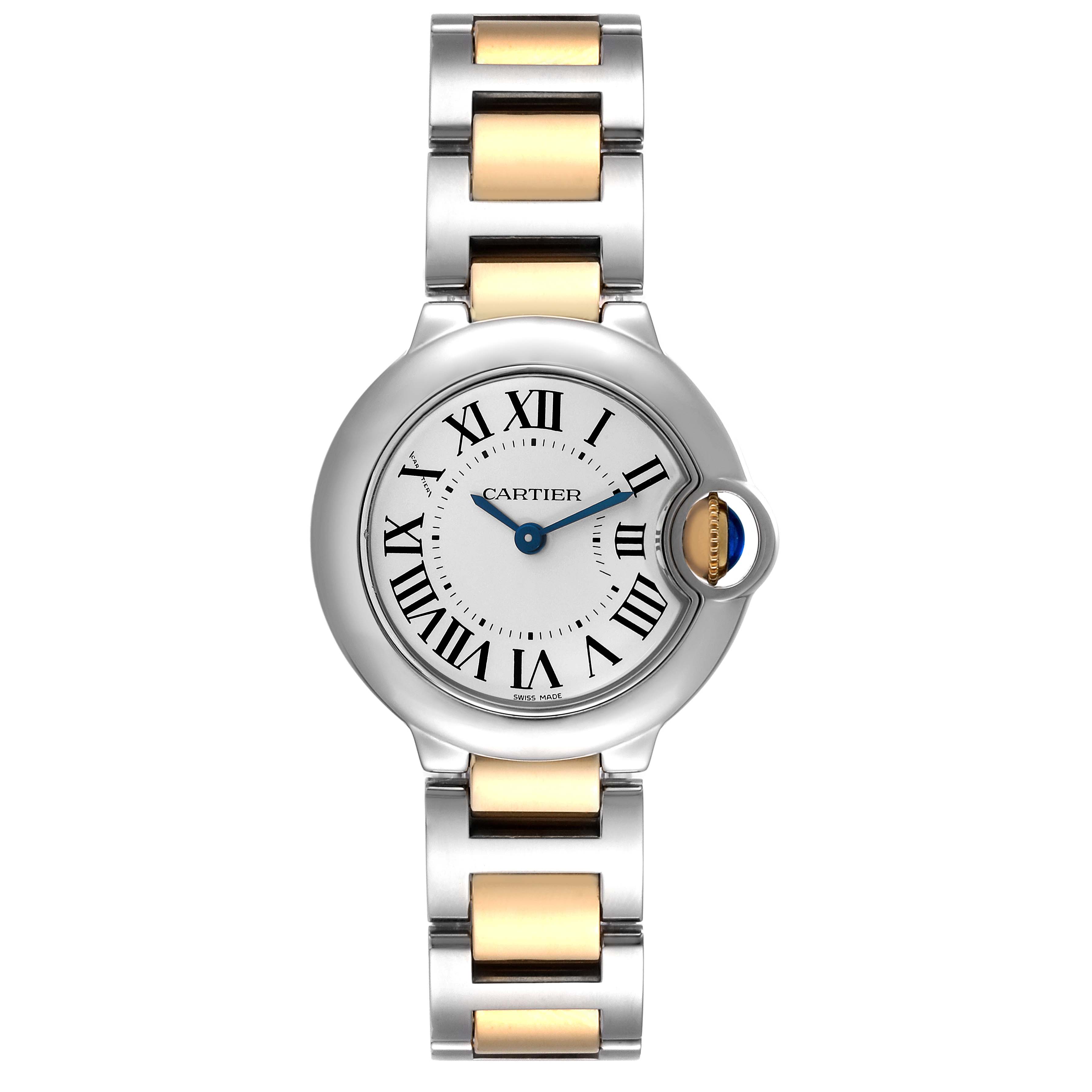 This image shows a frontal view of a Cartier Ballon Bleu W69007Z3 Women
s Steel and Gold (two tone) Silver Dial W69007Z3 Women
s Steel and Gold (two tone) Silver Dial watch, displaying its dial and two-tone metal bracelet.