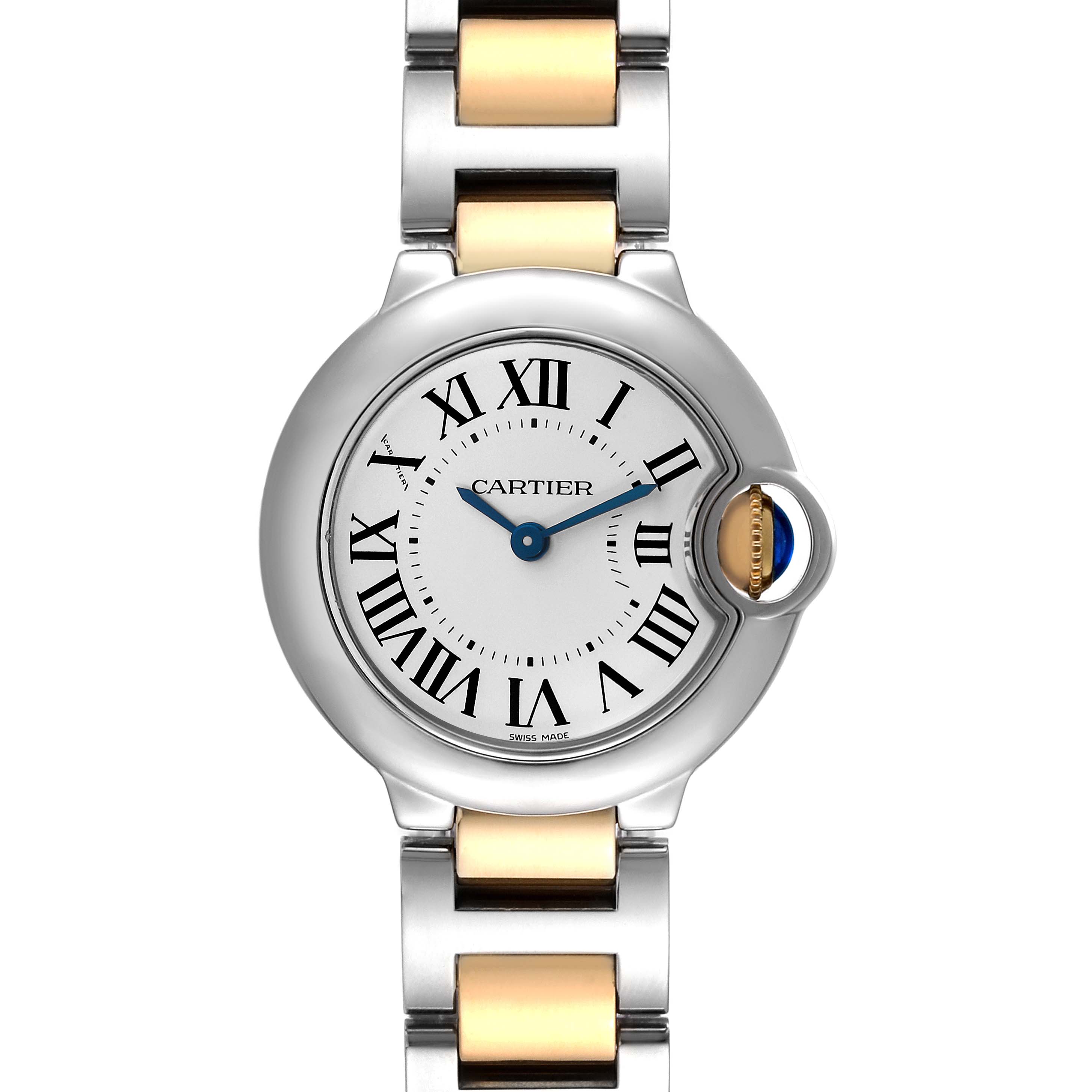 This image shows a straight-on view of the Cartier Ballon Bleu W69007Z3 Women
s Steel and Gold (two tone) Silver Dial W69007Z3 Women
s Steel and Gold (two tone) Silver Dial watch, highlighting the face, Roman numerals, and part of the metal strap.