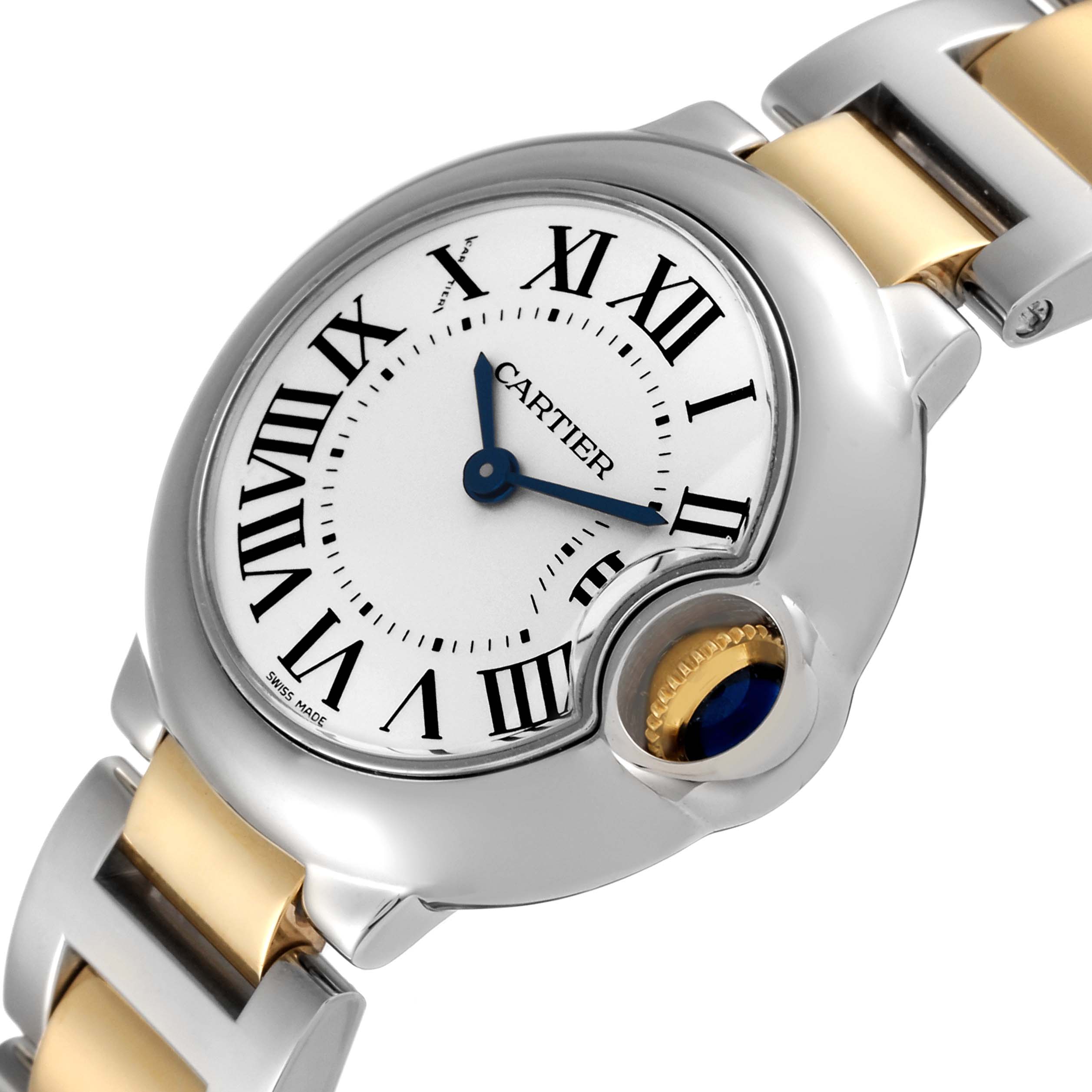The image shows a close-up of the face and part of the bracelet of the Ballon Bleu model by Cartier, angled slightly to the right.