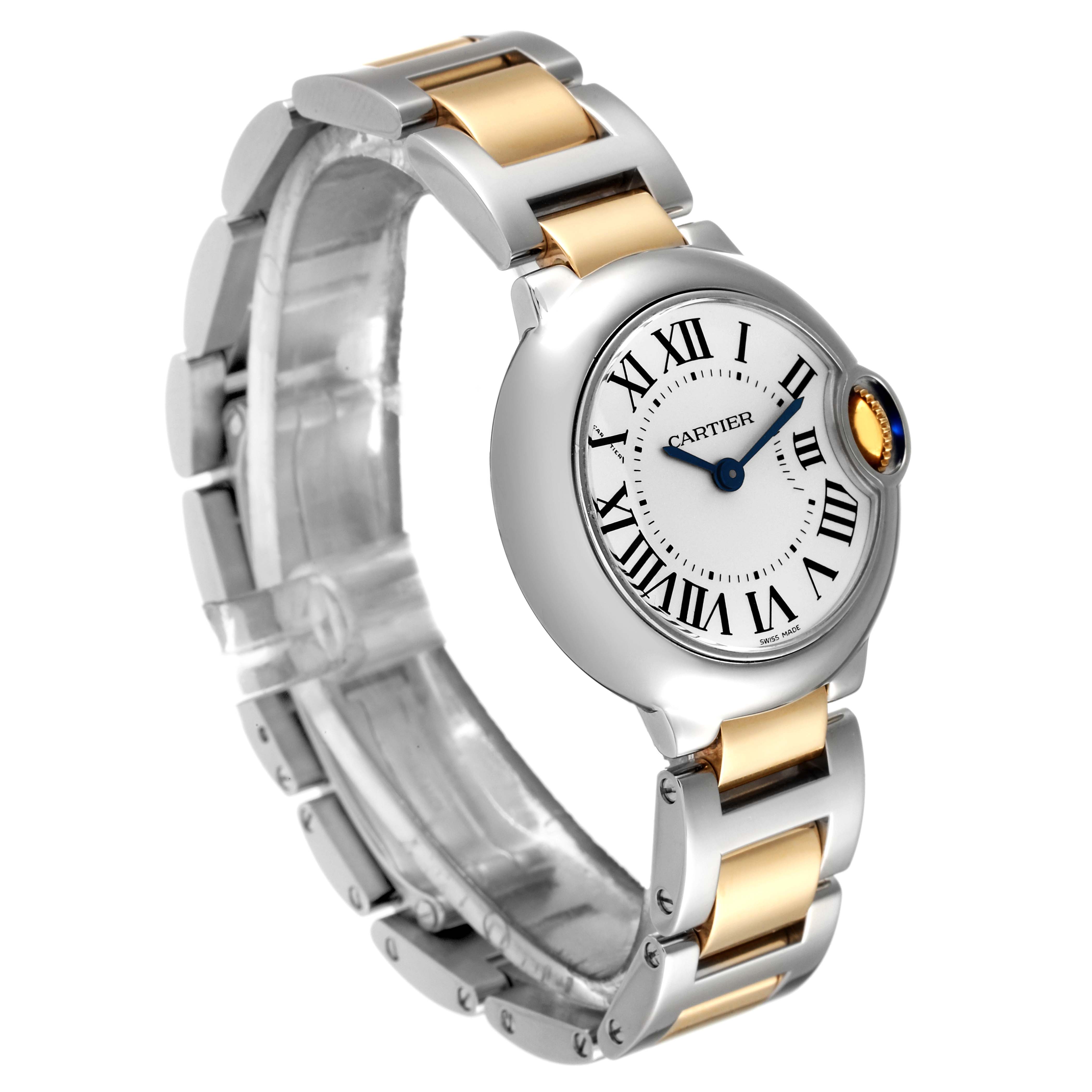 The image shows a Cartier Ballon Bleu W69007Z3 Women
s Steel and Gold (two tone) Silver Dial W69007Z3 Women
s Steel and Gold (two tone) Silver Dial watch at a three-quarter angle, highlighting its dial, bezel, and two-tone metal strap.