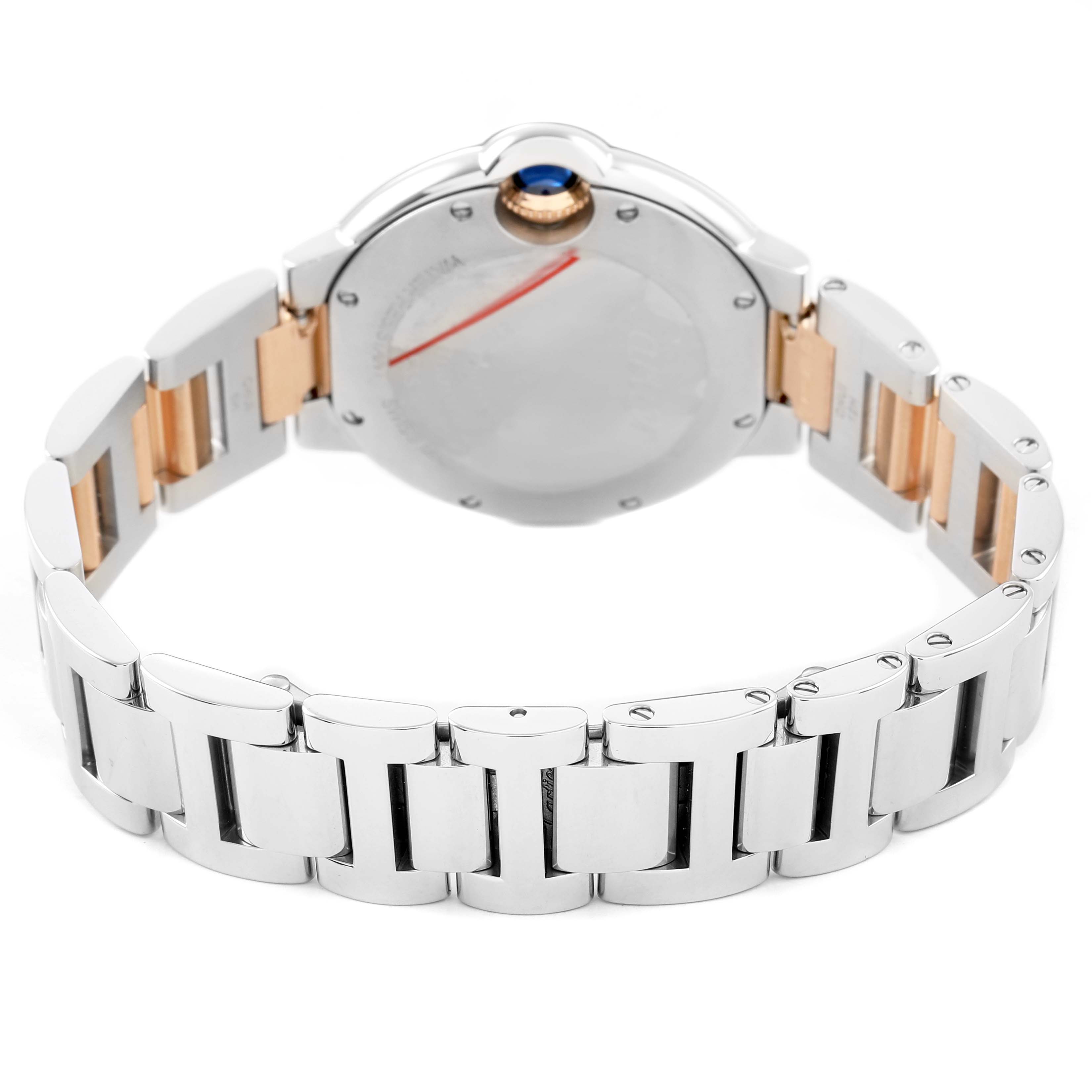 The Cartier Ballon Bleu WE902044 Women's Stainless Steel Silver Dial watch is shown from the back, highlighting the case back, bracelet, and blue cabochon crown.