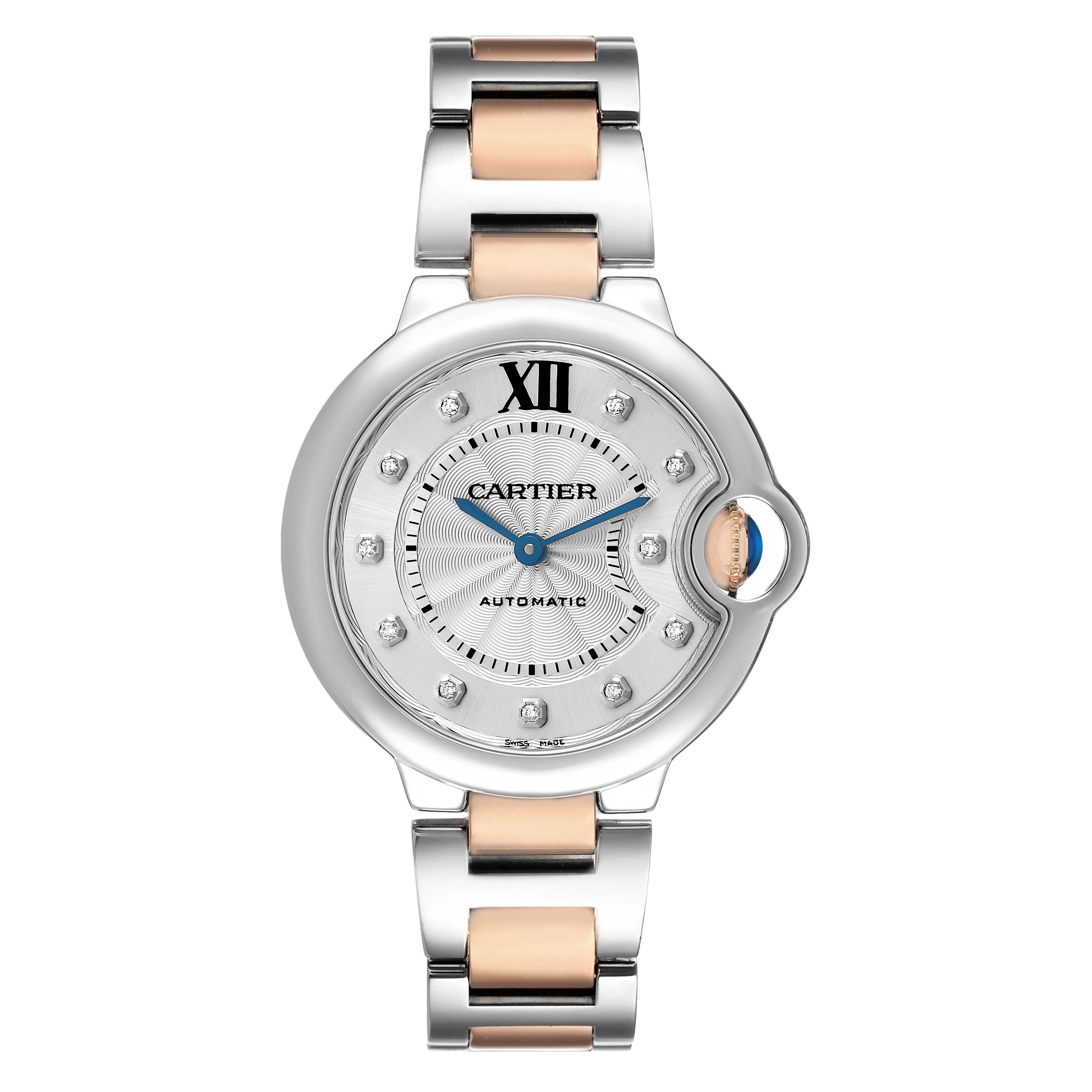 The Cartier Ballon Bleu WE902044 Women's Stainless Steel Silver Dial watch is shown from the front, displaying its dial, crown, and two-tone bracelet.