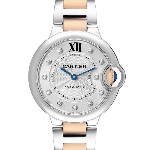 The image shows a front view of the Cartier Ballon Bleu WE902044 Women's Stainless Steel Silver Dial watch, highlighting its round face, blue hands, and diamond indices.