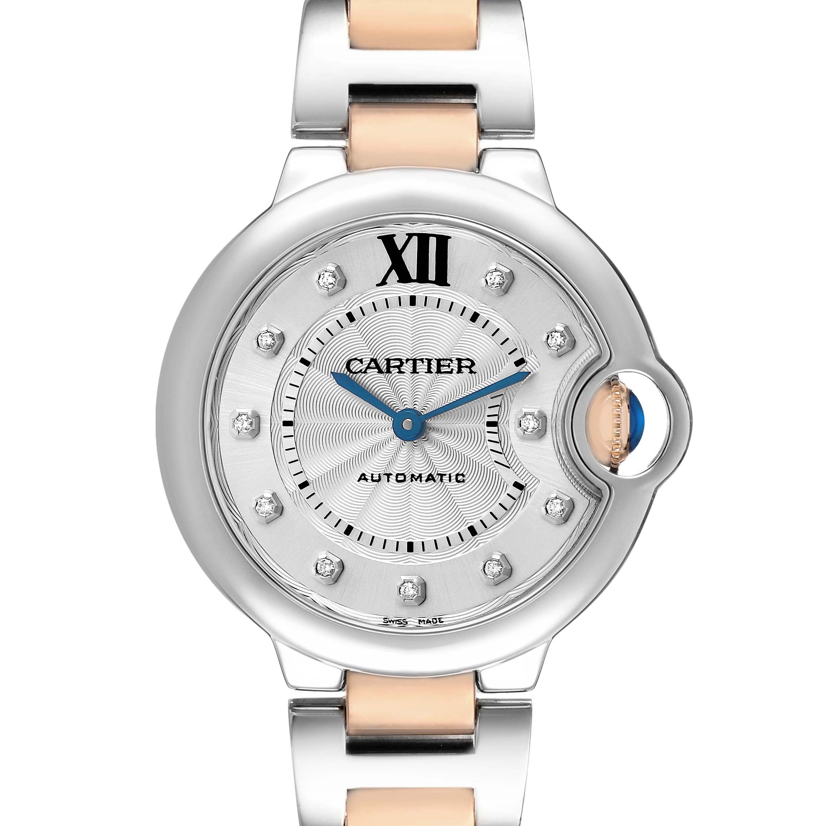 The image shows a front view of the Cartier Ballon Bleu WE902044 Women's Stainless Steel Silver Dial watch, highlighting its dial and part of the bracelet.