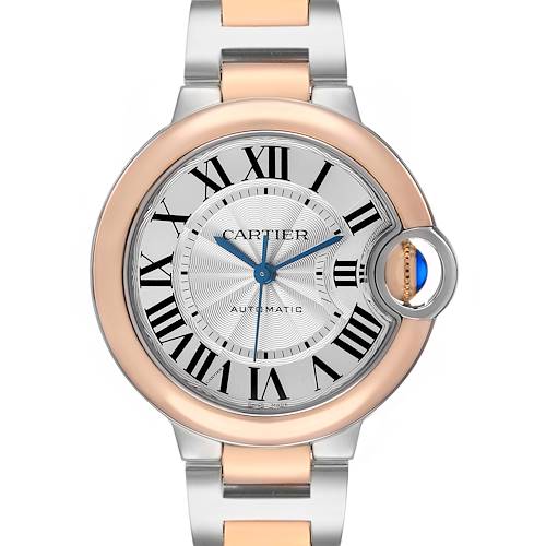 The Cartier Ballon Bleu W2BB0032 Women's Steel and Gold (two tone) Silver Dial watch is shown from a front angle, highlighting the bezel, dial, hands, and bracelet.