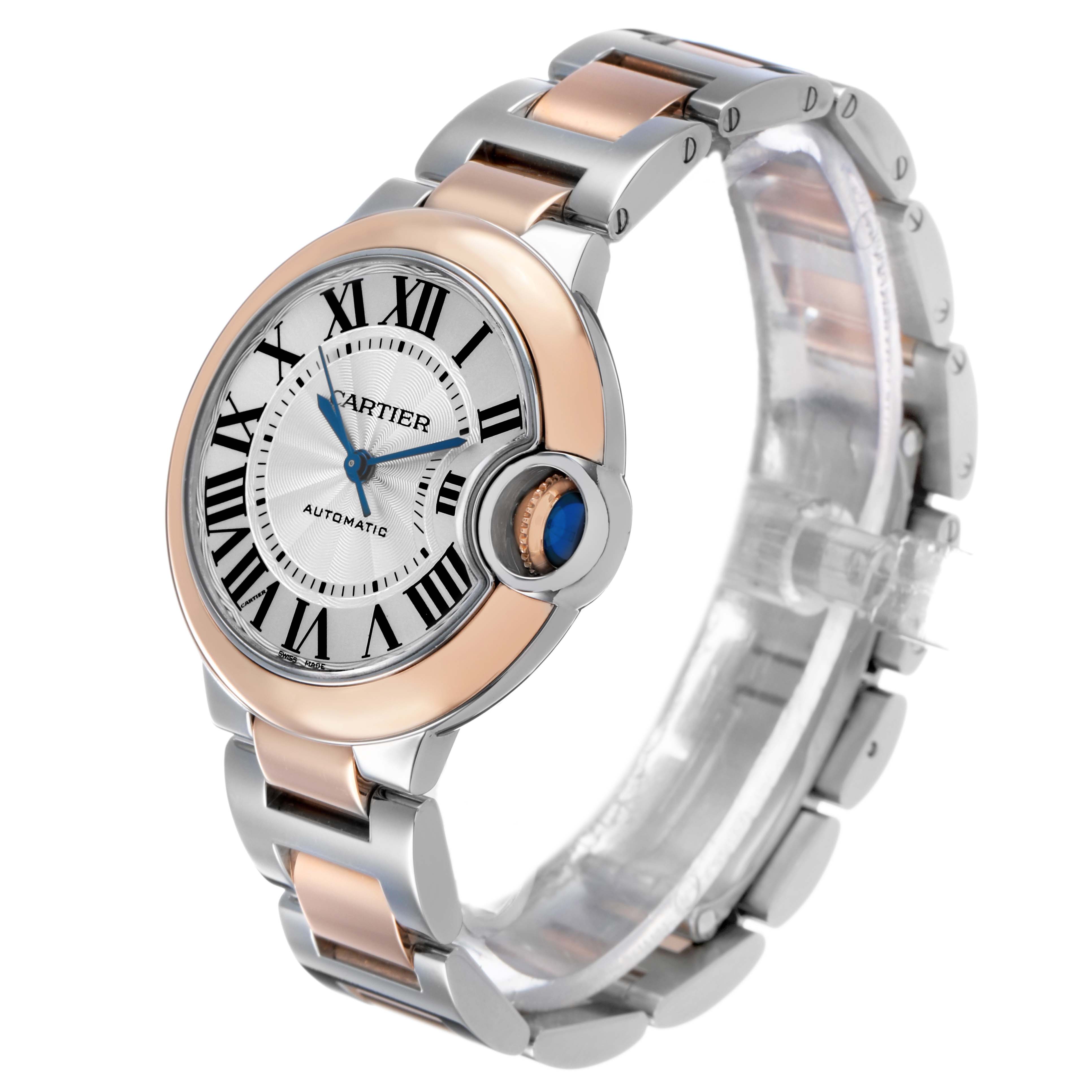 The Cartier Ballon Bleu W2BB0032 Women's Steel and Gold (two tone) Silver Dial watch is shown from a front-side angle, highlighting the round case, crown, and metal bracelet.