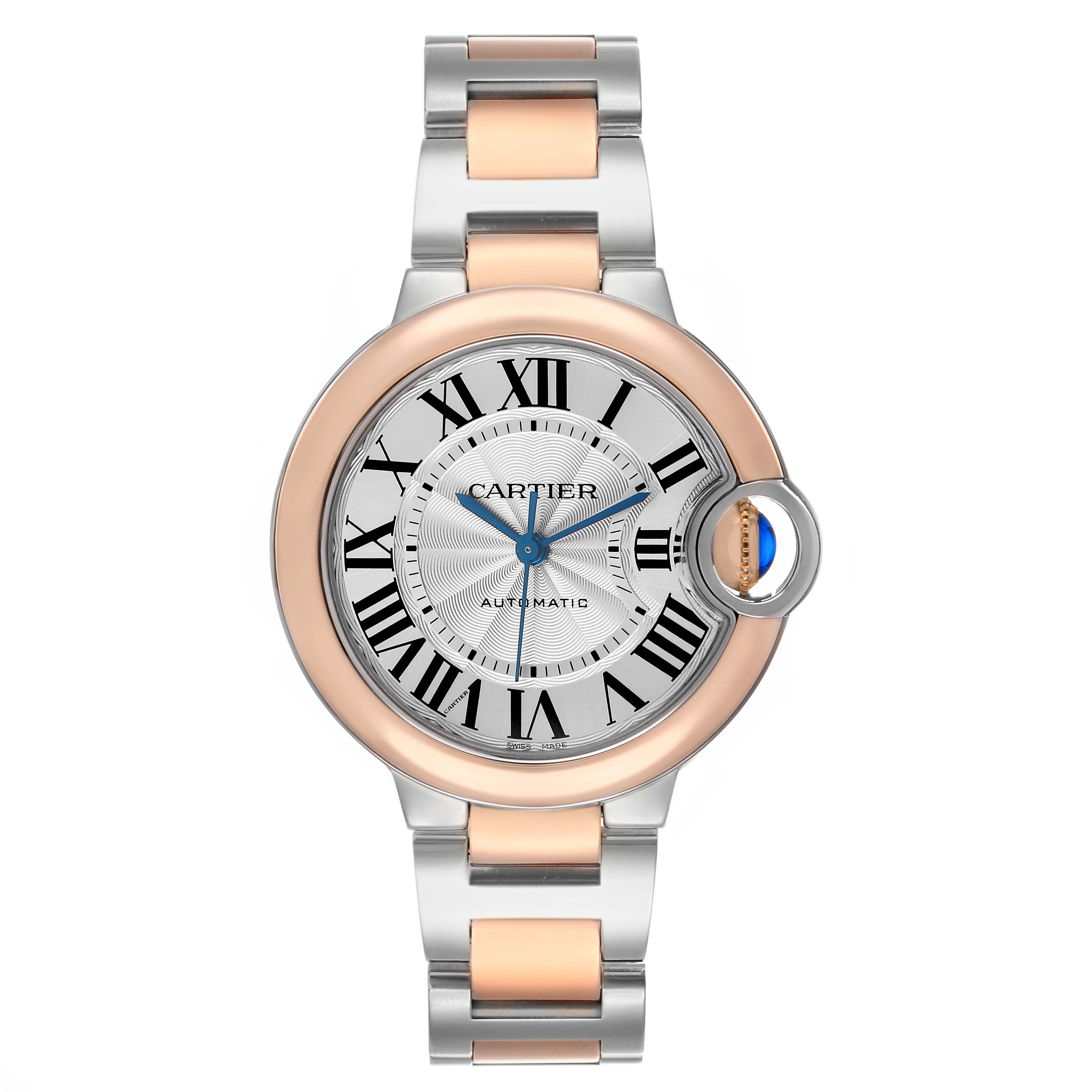 The Cartier Ballon Bleu W2BB0032 Women's Steel and Gold (two tone) Silver Dial watch is shown from a front angle, highlighting the dial, crown, and bracelet.