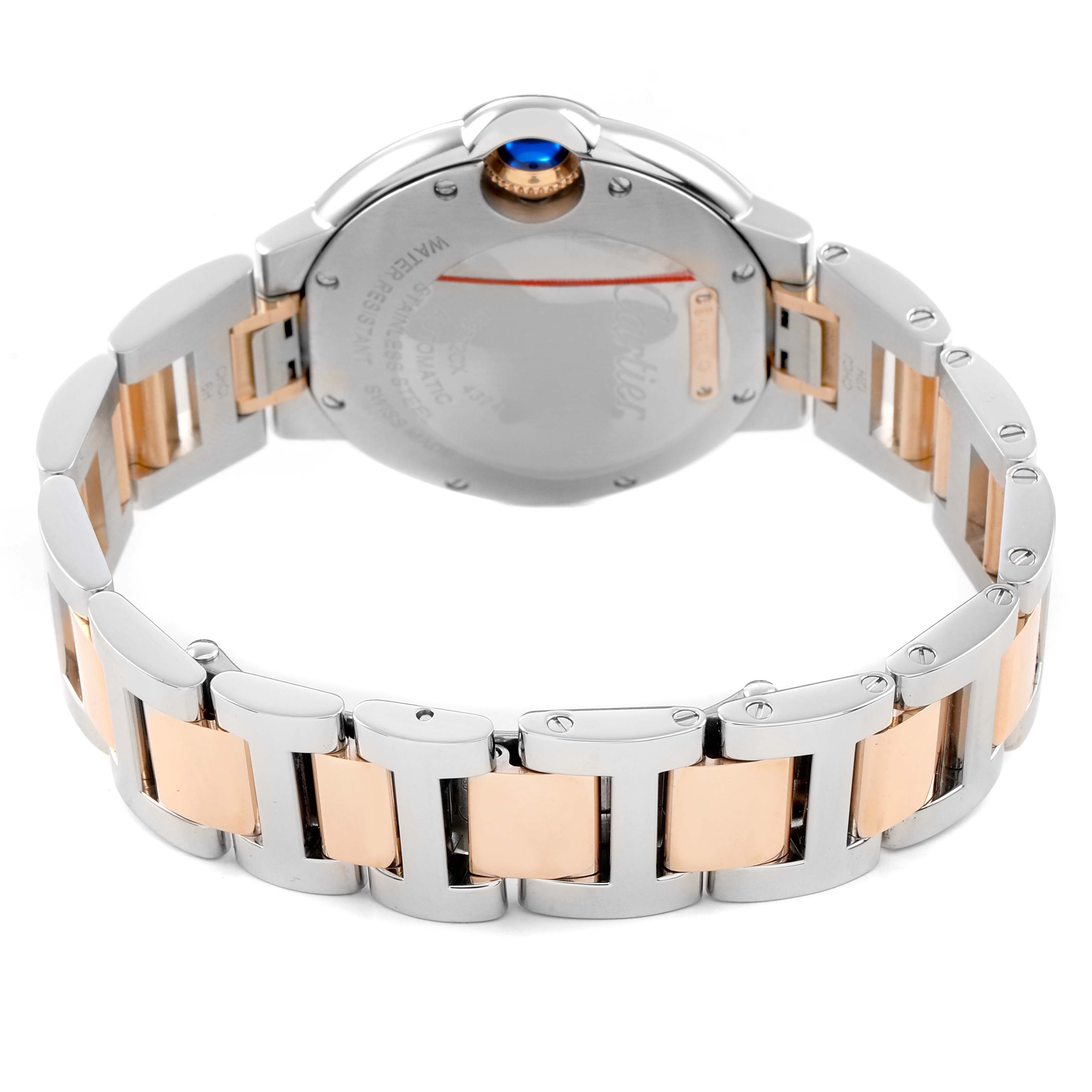 The image shows the back view of a Cartier Ballon Bleu W2BB0032 Women's Steel and Gold (two tone) Silver Dial watch, featuring its bracelet and case back.