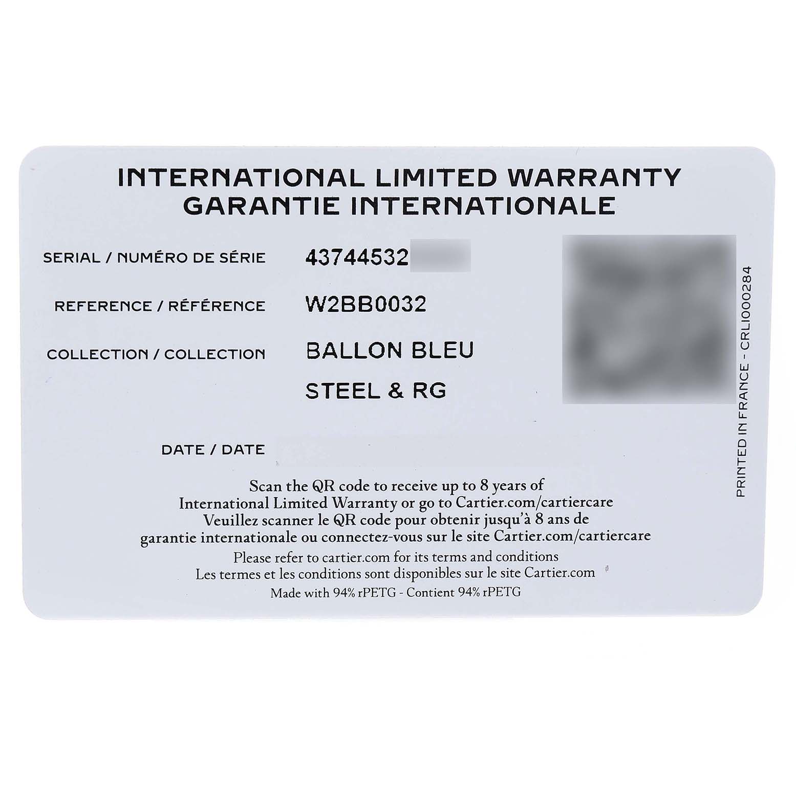 The image shows an International Limited Warranty card for the Cartier Ballon Bleu W2BB0032 Women's Steel and Gold (two tone) Silver Dial model.