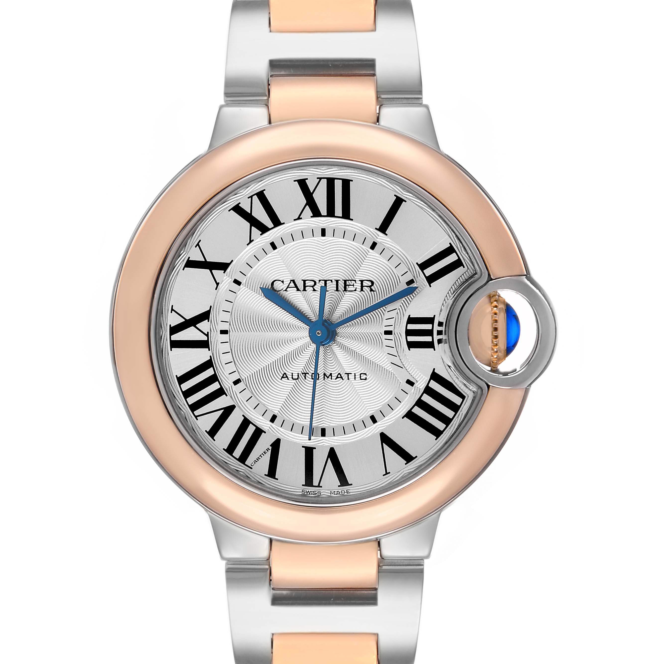 The Cartier Ballon Bleu W2BB0032 Women's Steel and Gold (two tone) Silver Dial watch is shown from a frontal angle, highlighting its dial, crown, and bracelet.