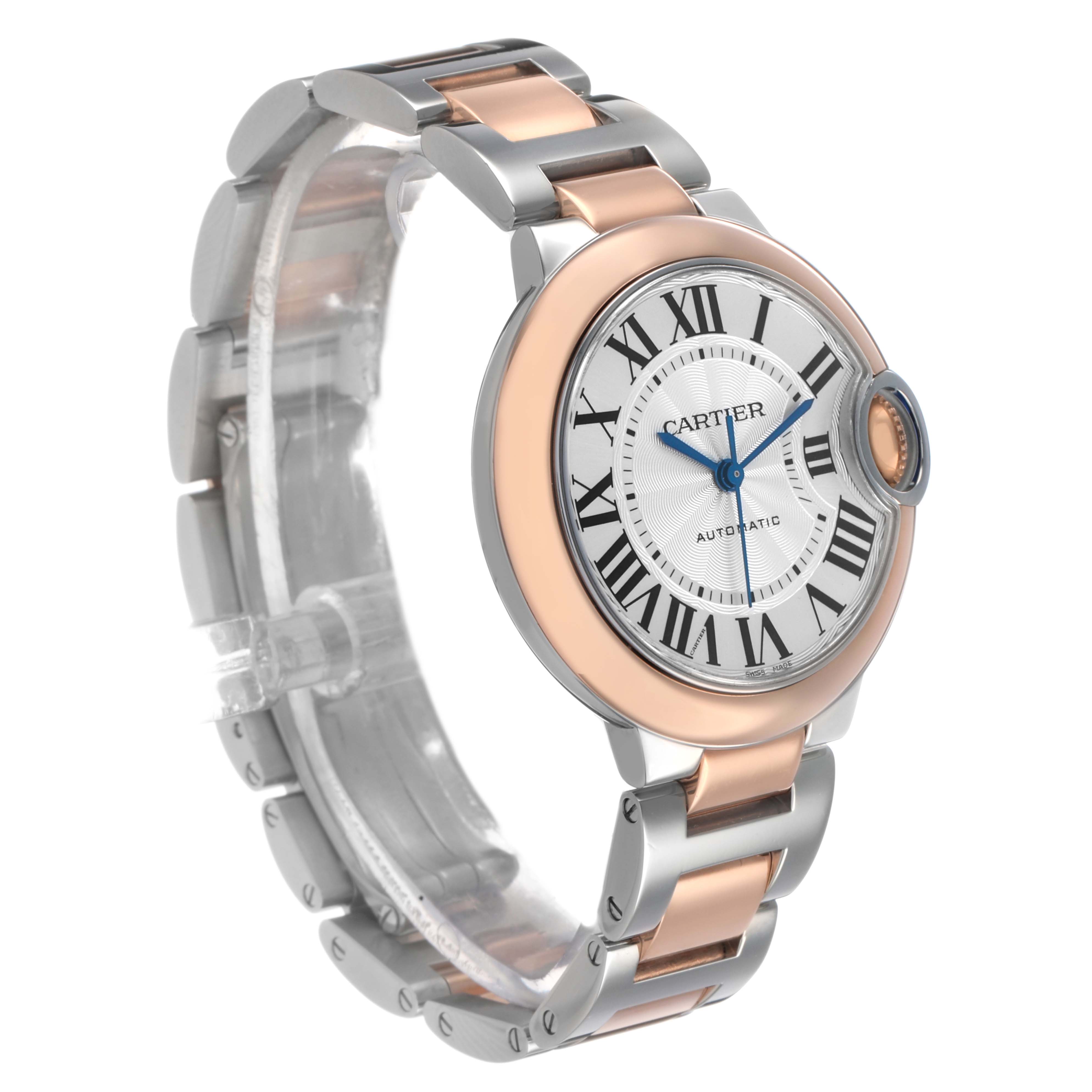 The Cartier Ballon Bleu W2BB0032 Women's Steel and Gold (two tone) Silver Dial watch is shown at a three-quarter angle, highlighting the face, bracelet, and crown.