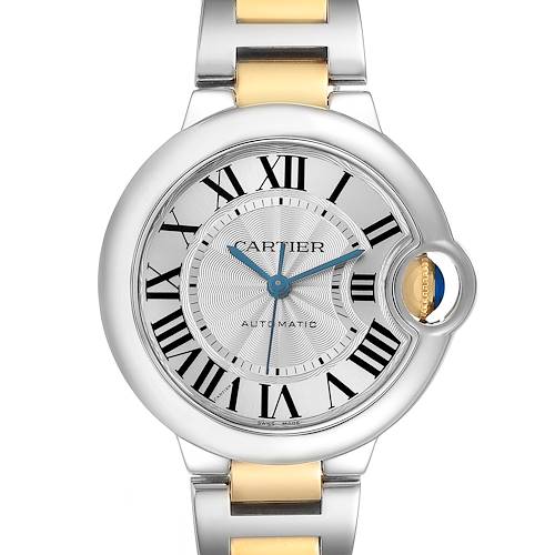 The Cartier Ballon Bleu W2BB0002 Women's Stainless Steel Silver Dial watch is shown from the front, displaying the dial, Roman numerals, hands, crown, and part of the bracelet.