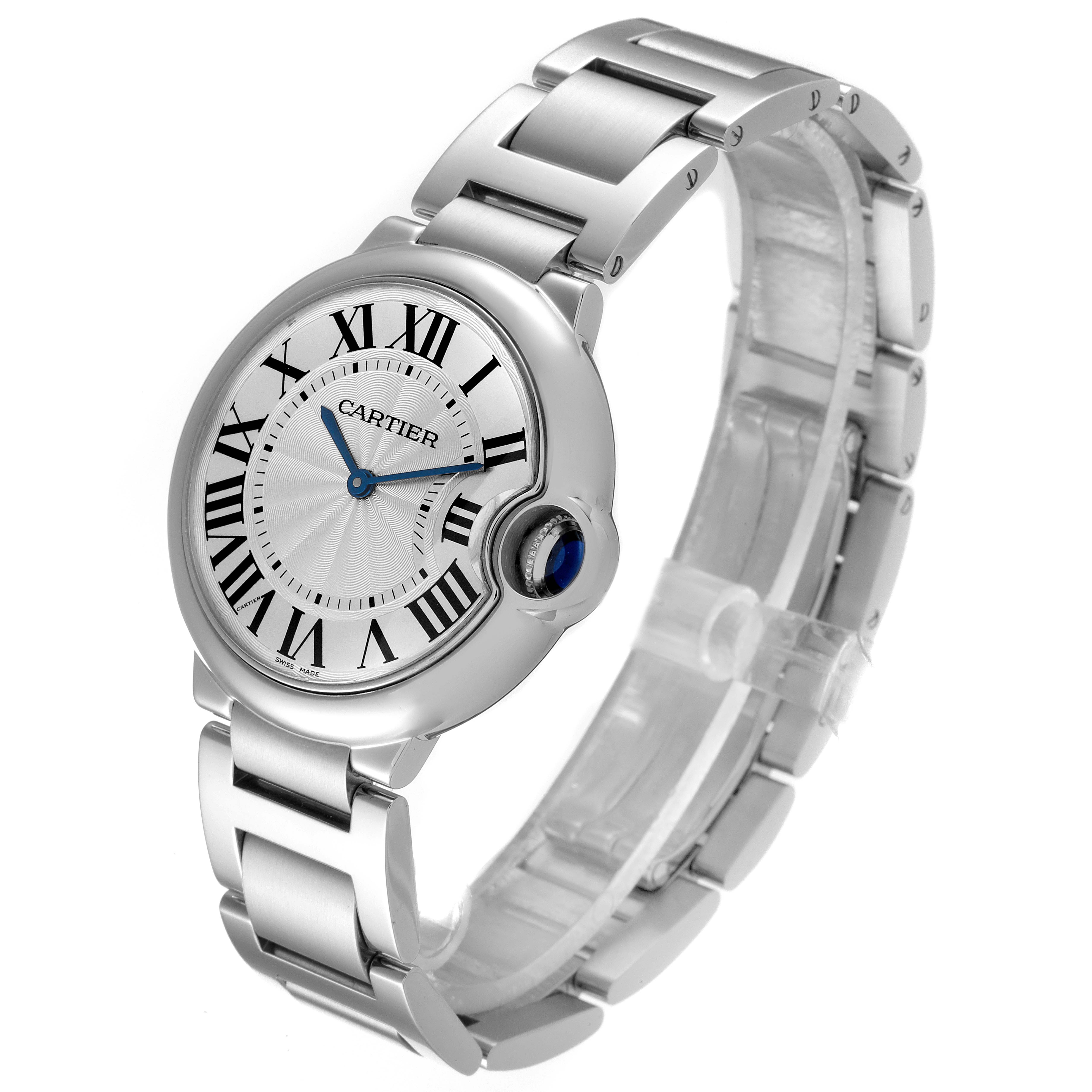 The image shows a side angle of the Cartier Ballon Bleu W69011Z4 Men
s Stainless Steel Silver Dial W69011Z4 Men
s Stainless Steel Silver Dial watch, highlighting its face, bracelet, and crown.