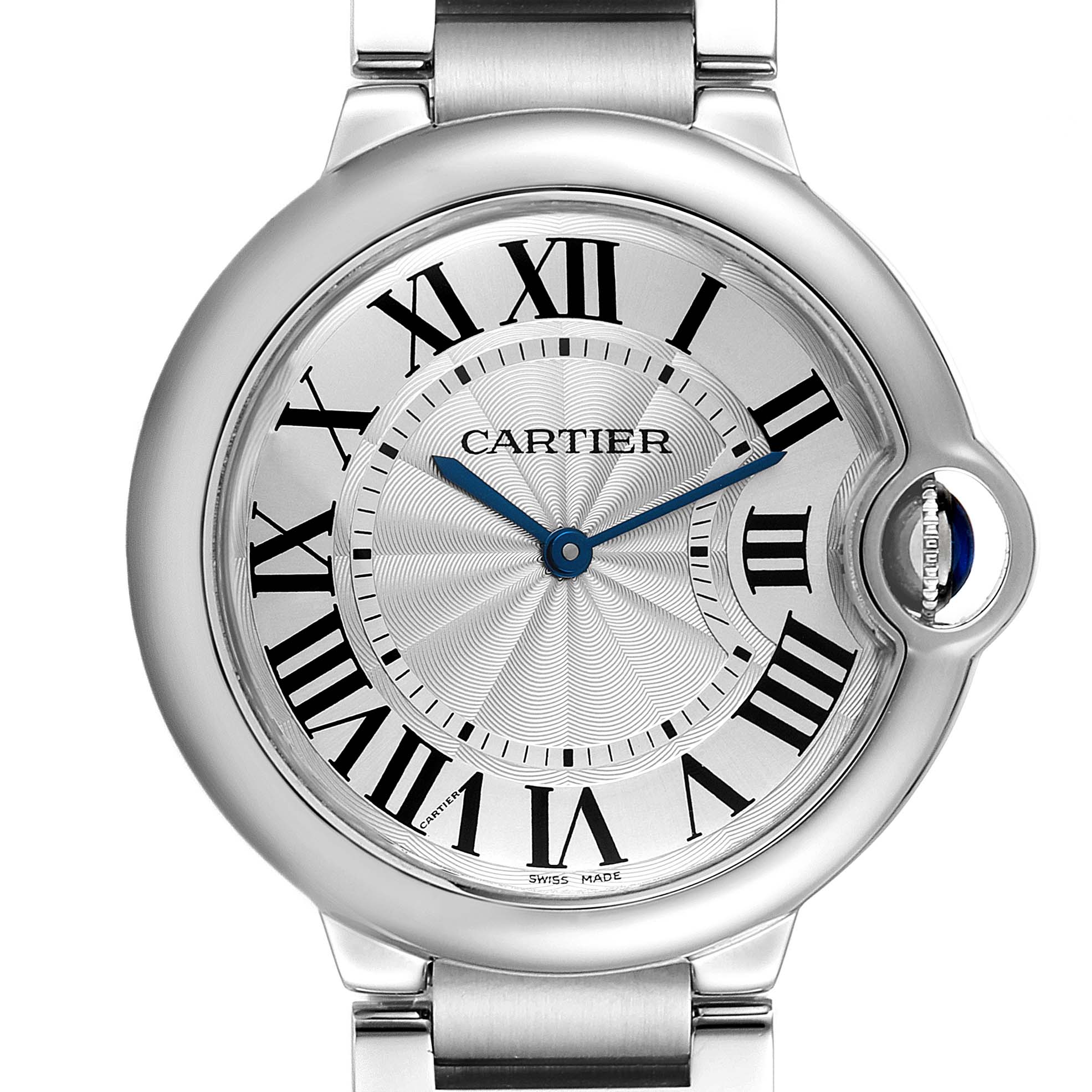 The image shows a close-up of the Ballon Bleu de Cartier watch face displaying its Roman numerals and blue hands.