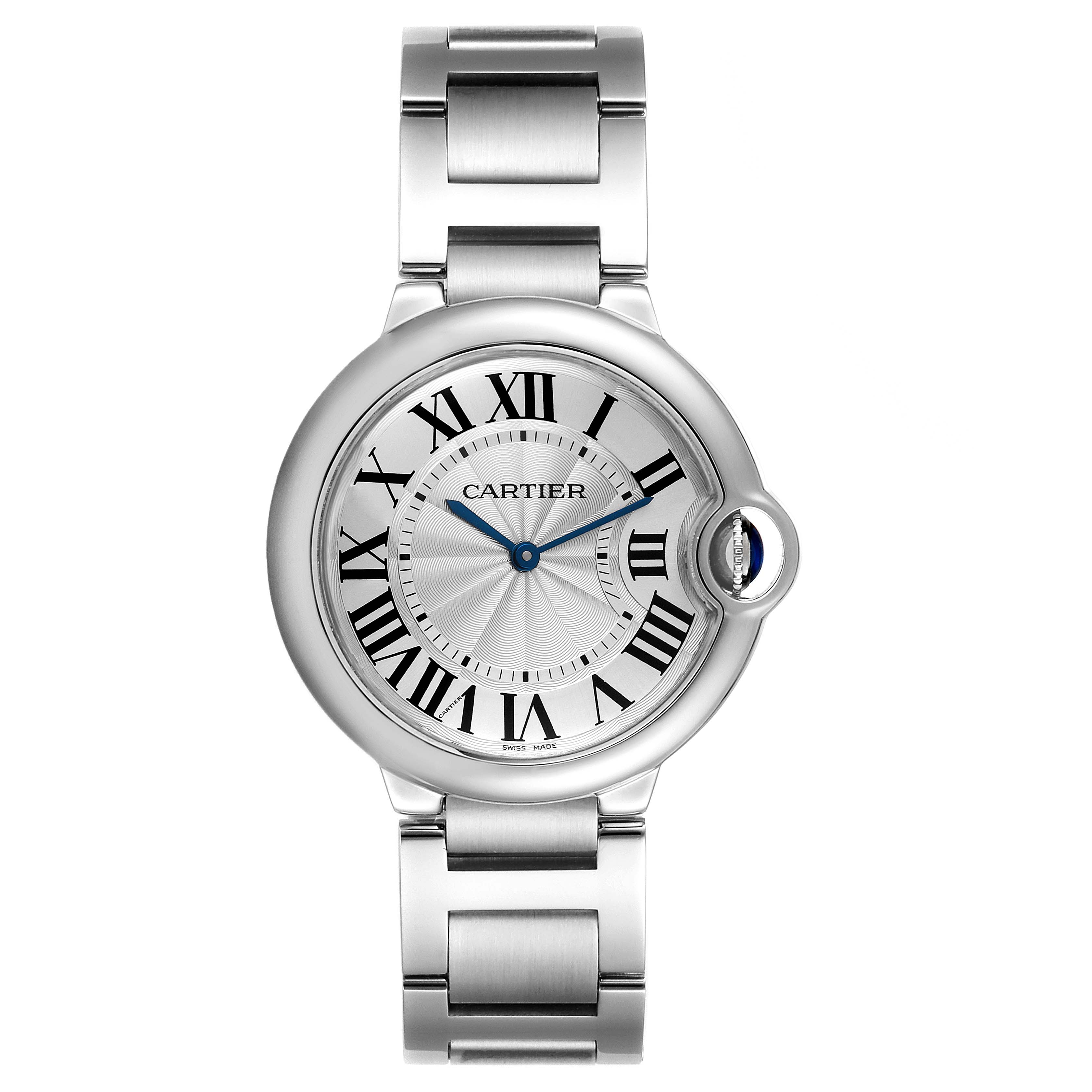 The image shows a front view of a Cartier Ballon Bleu W69011Z4 Men
s Stainless Steel Silver Dial W69011Z4 Men
s Stainless Steel Silver Dial watch, highlighting its dial, Roman numerals, and metal bracelet.