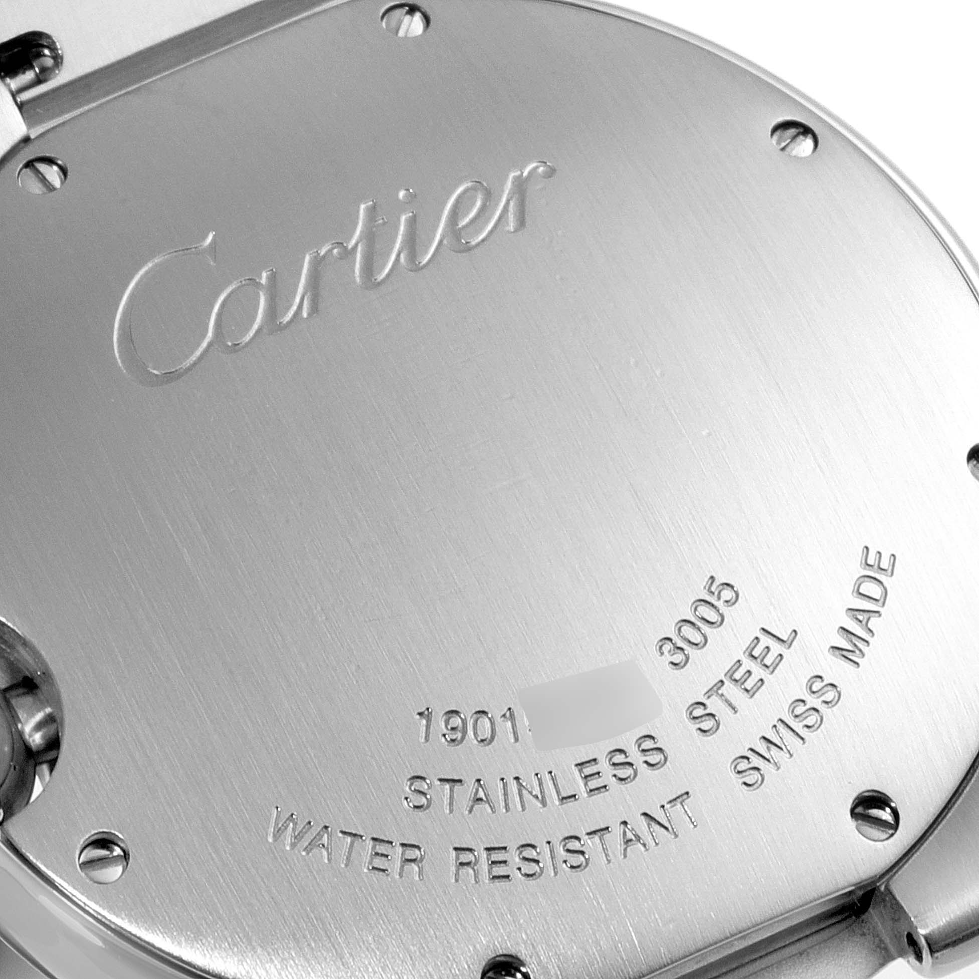 This image shows the back case of a Cartier Ballon Bleu W69011Z4 Men
s Stainless Steel Silver Dial W69011Z4 Men
s Stainless Steel Silver Dial watch, highlighting the engraved brand name and specifications.