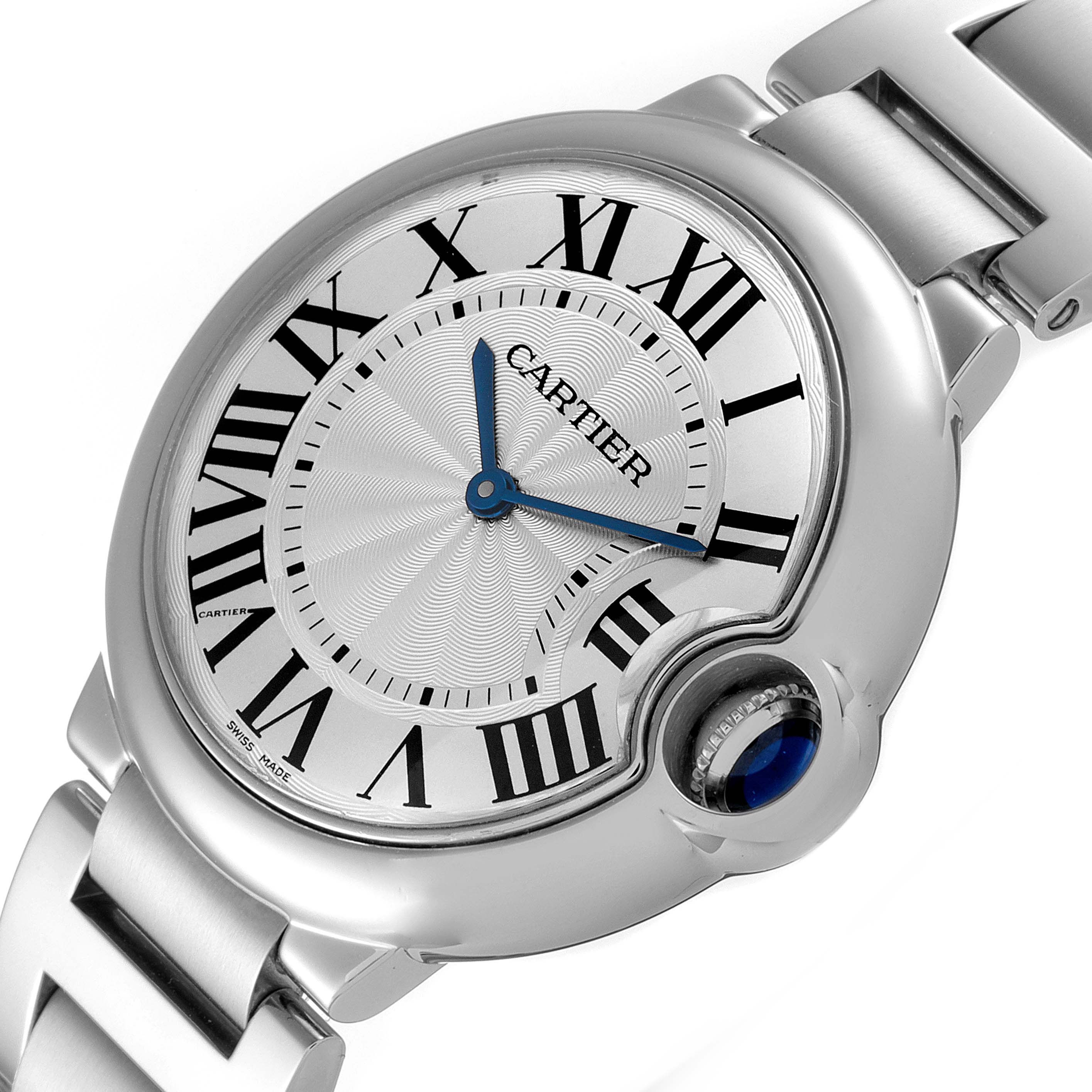 The image shows a close-up of the face and partial bracelet of a Ballon Bleu de Cartier watch.