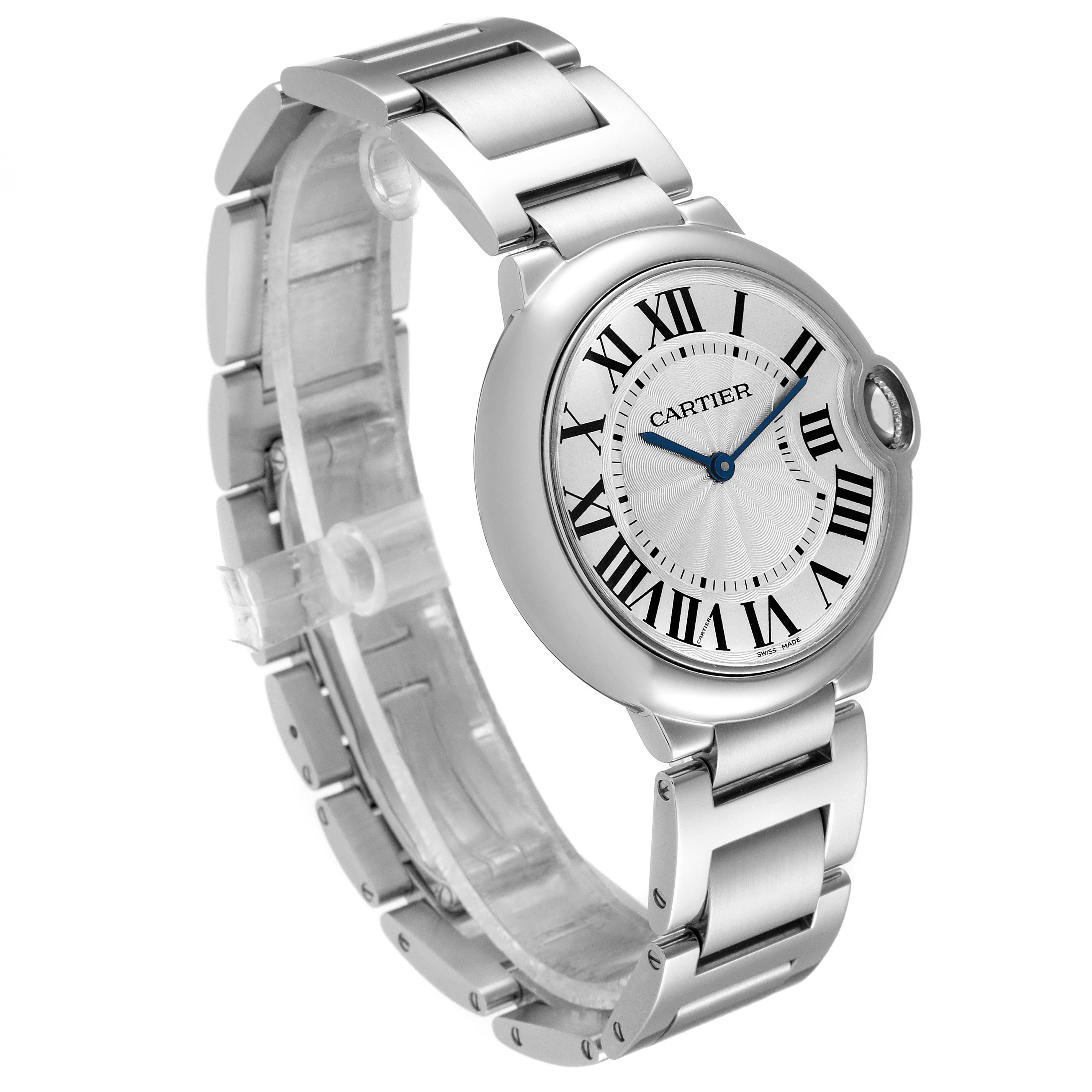 The image shows a front-left angle view of a Ballon Bleu de Cartier watch featuring its stainless steel bracelet and Roman numeral face.